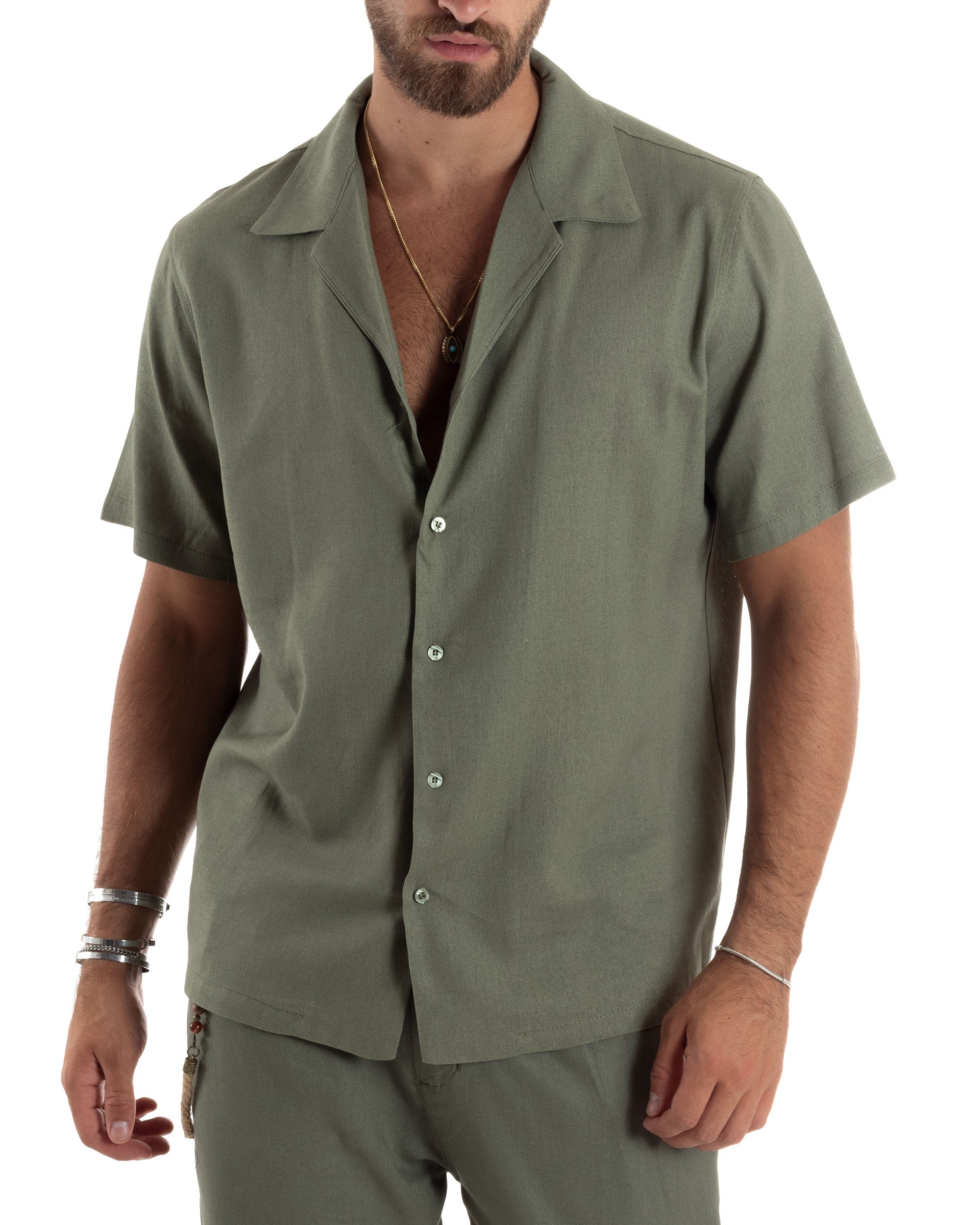 Camicia Uomo Lino Mezze Maniche Con Bottoncini Colletto Bowling Collo Con Rever Casual Boxy Fit Tinta Unita Verde GIOSAL-CC1209A
