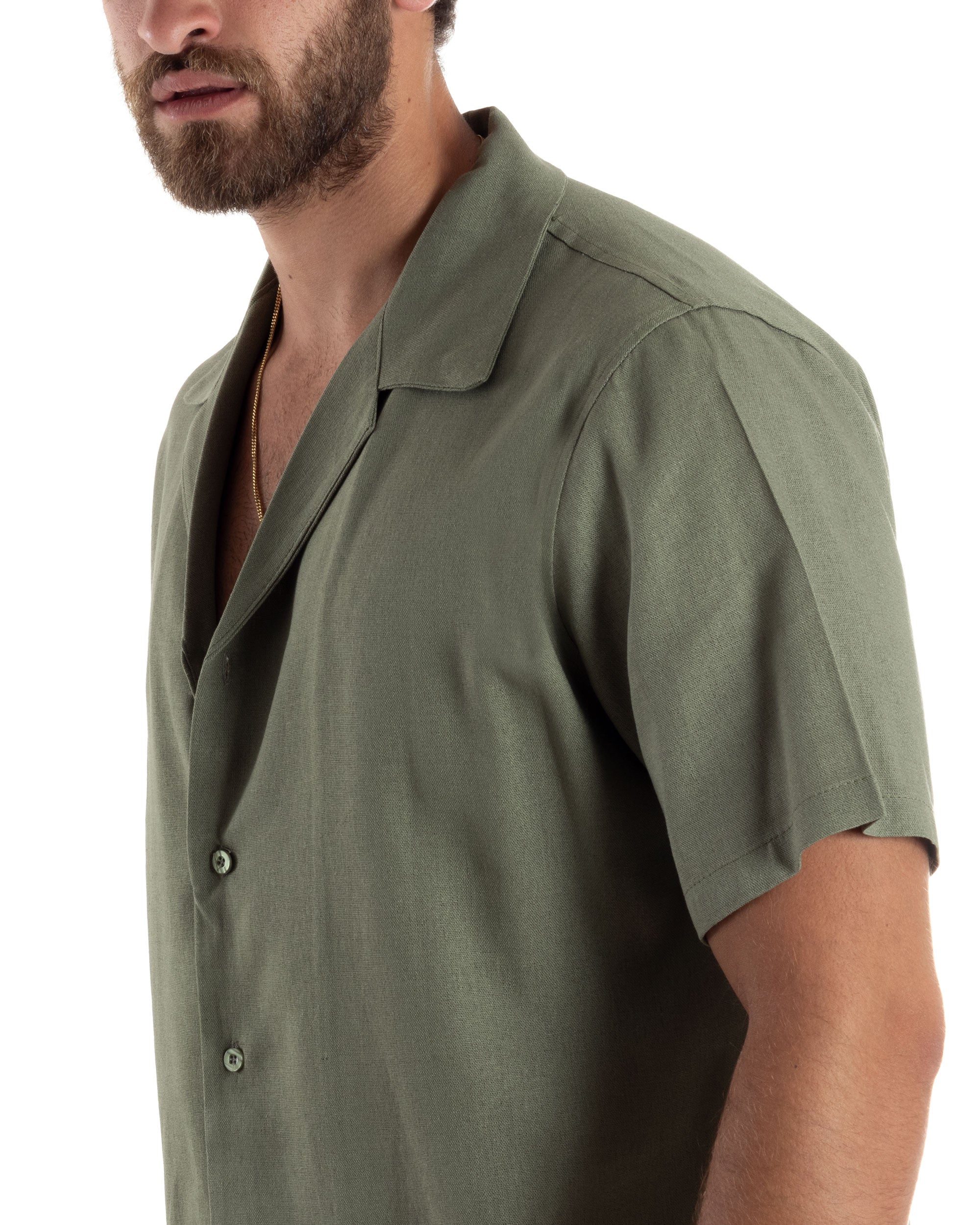 Camicia Uomo Lino Mezze Maniche Con Bottoncini Colletto Bowling Collo Con Rever Casual Boxy Fit Tinta Unita Verde GIOSAL-CC1209A