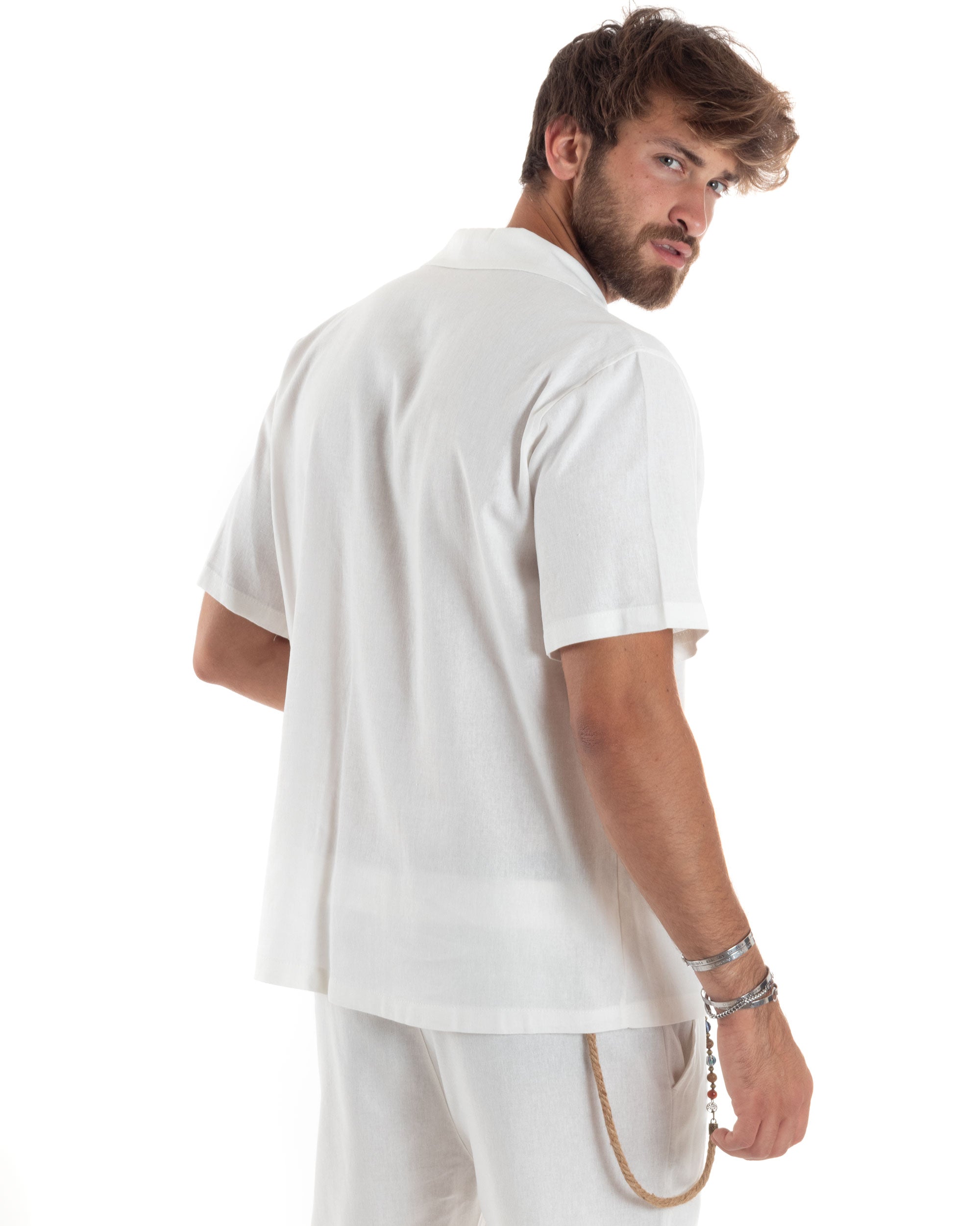 Camicia Uomo Lino Mezze Maniche Con Bottoncini Colletto Bowling Collo Con Rever Casual Boxy Fit Tinta Unita Bianco GIOSAL-CC1210A
