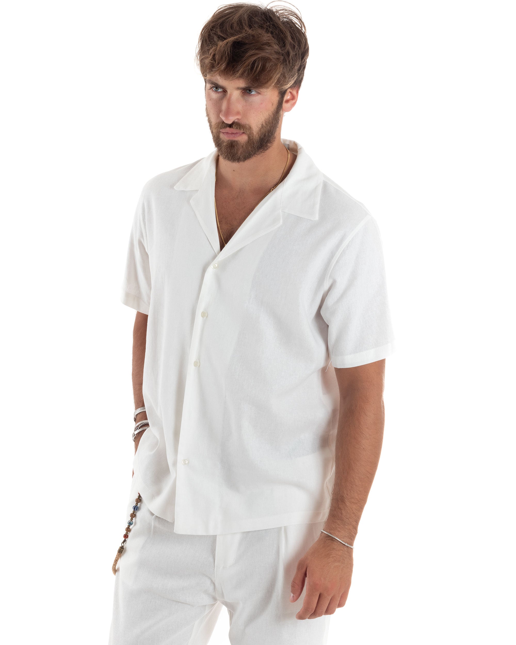 Camicia Uomo Lino Mezze Maniche Con Bottoncini Colletto Bowling Collo Con Rever Casual Boxy Fit Tinta Unita Bianco GIOSAL-CC1210A
