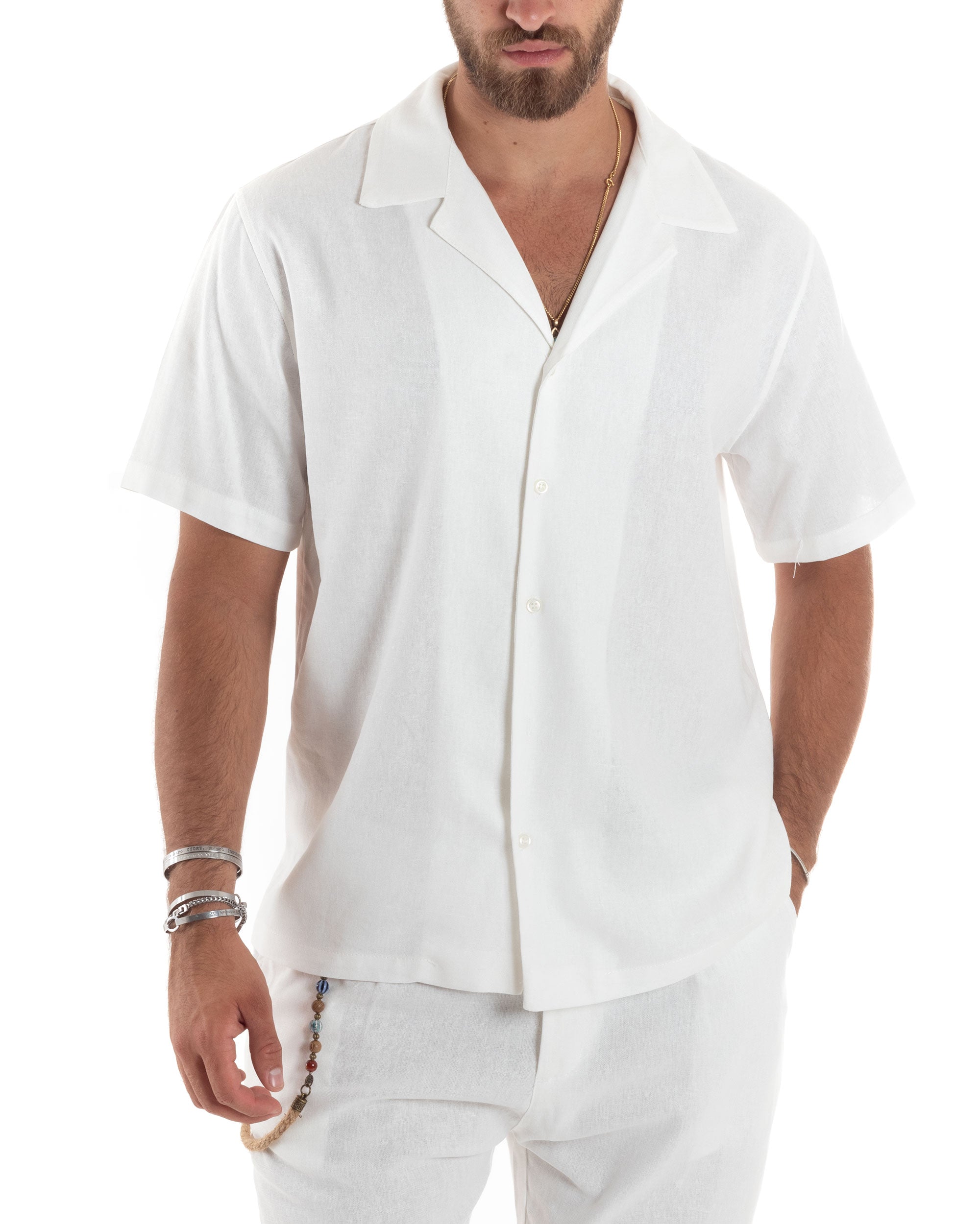 Camicia Uomo Lino Mezze Maniche Con Bottoncini Colletto Bowling Collo Con Rever Casual Boxy Fit Tinta Unita Bianco GIOSAL-CC1210A