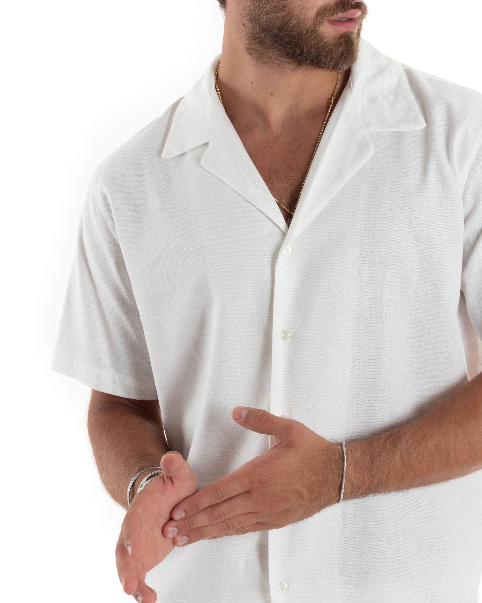 Camicia Uomo Lino Mezze Maniche Con Bottoncini Colletto Bowling Collo Con Rever Casual Boxy Fit Tinta Unita Bianco GIOSAL-CC1210A