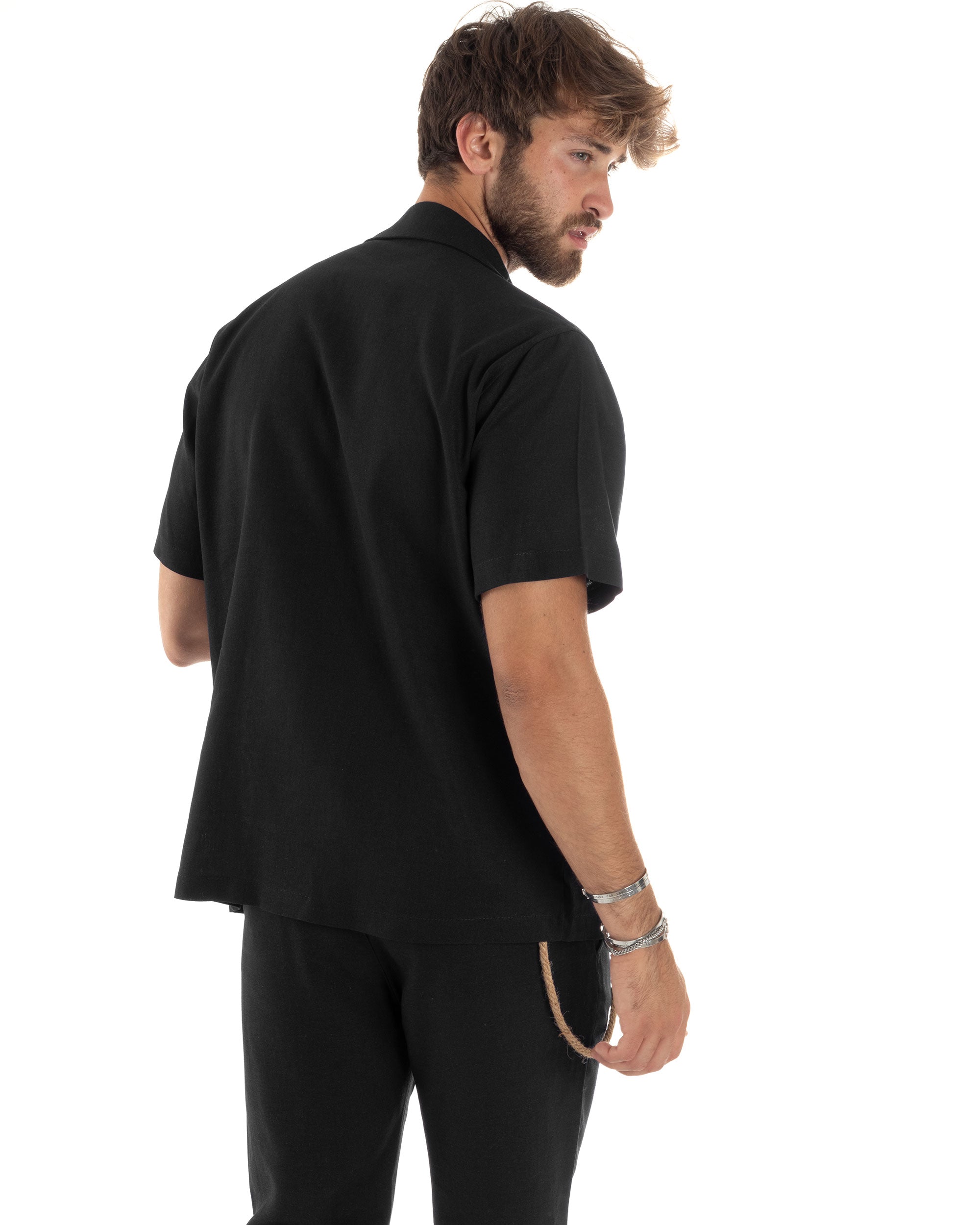 Camicia Uomo Lino Mezze Maniche Con Bottoncini Colletto Bowling Collo Con Rever Casual Boxy Fit Tinta Unita Nero GIOSAL-CC1211A