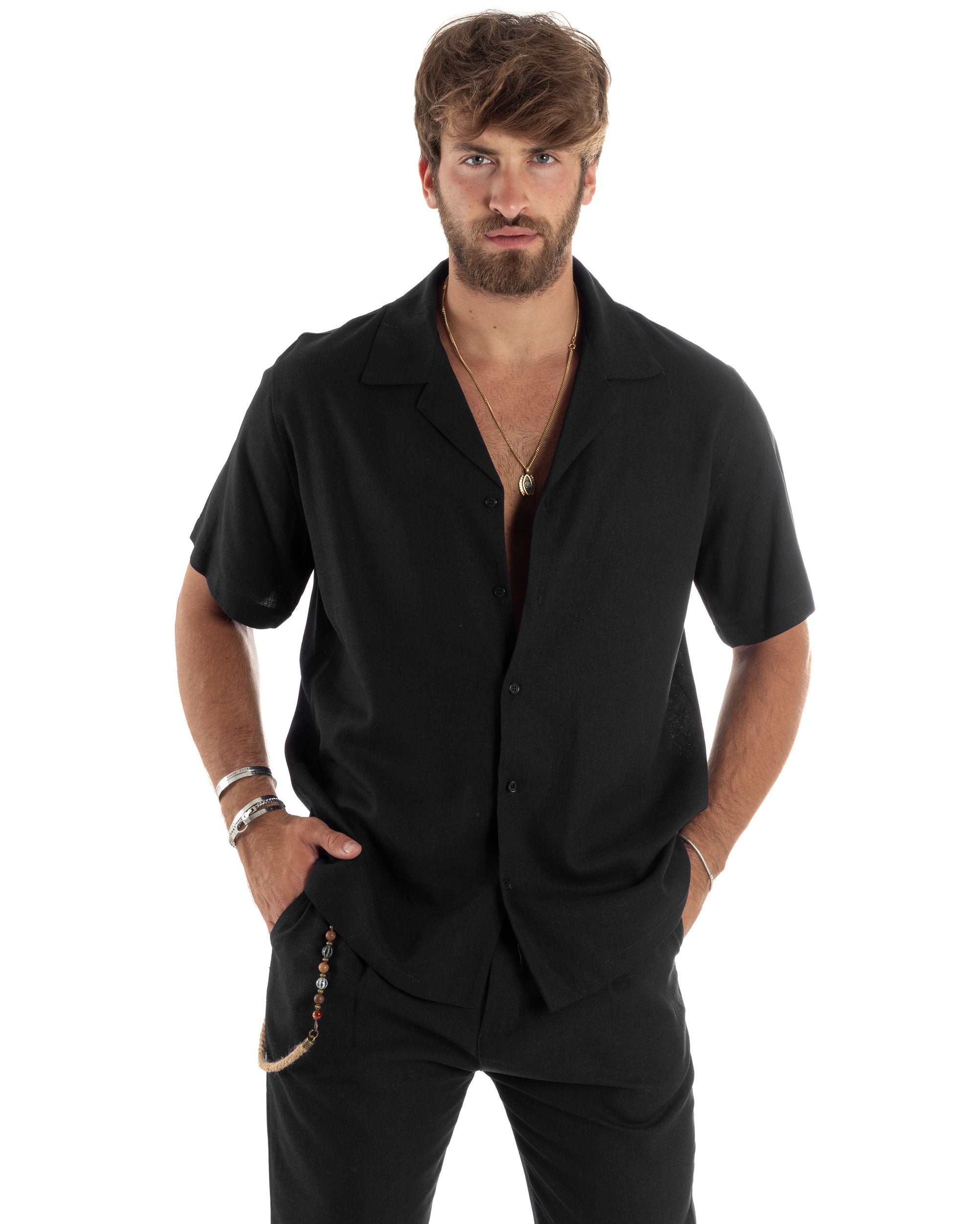 Camicia Uomo Lino Mezze Maniche Con Bottoncini Colletto Bowling Collo Con Rever Casual Boxy Fit Tinta Unita Nero GIOSAL-CC1211A