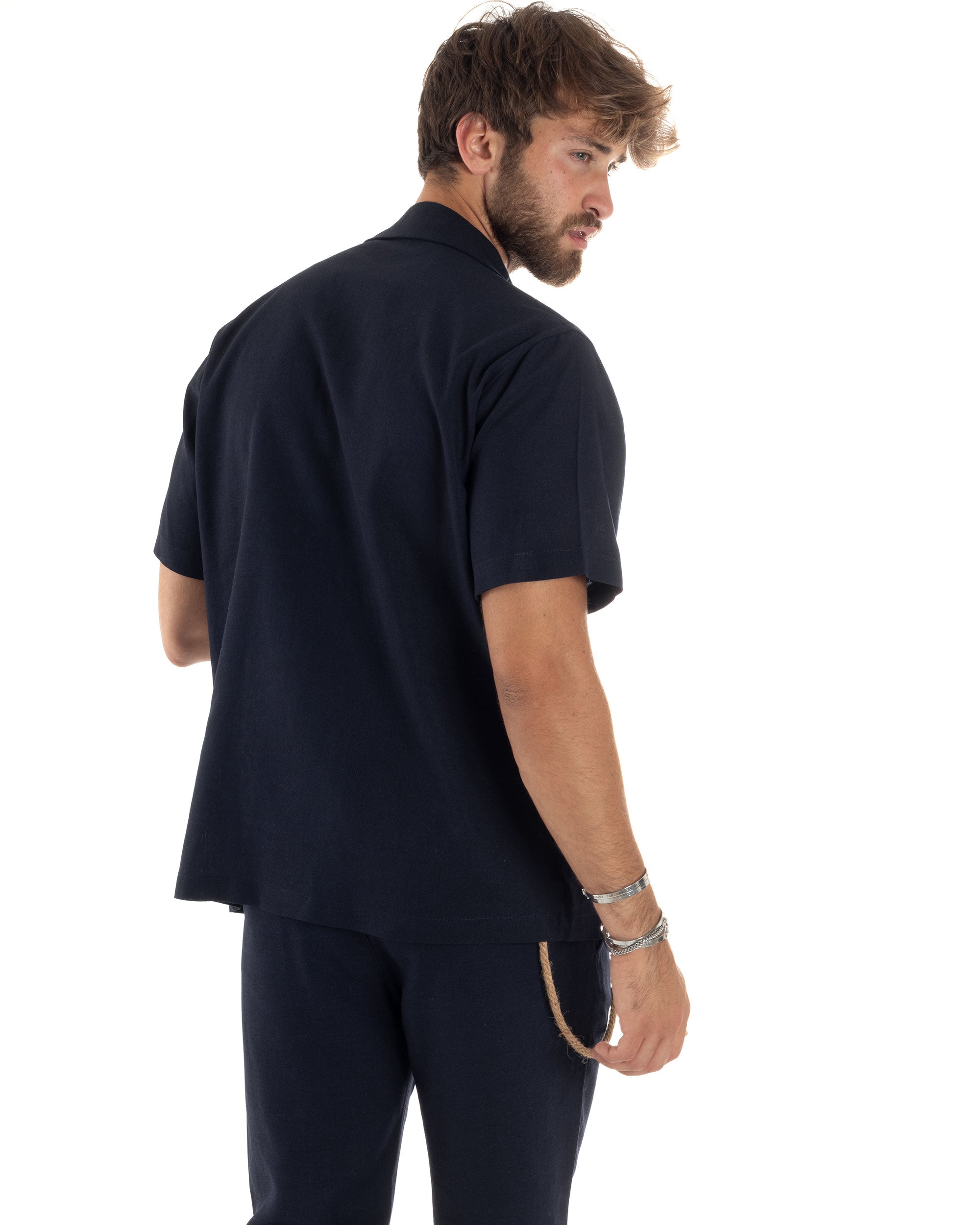 Camicia Uomo Lino Mezze Maniche Con Bottoncini Colletto Bowling Collo Con Rever Casual Boxy Fit Tinta Unita Blu GIOSAL-CC1212A