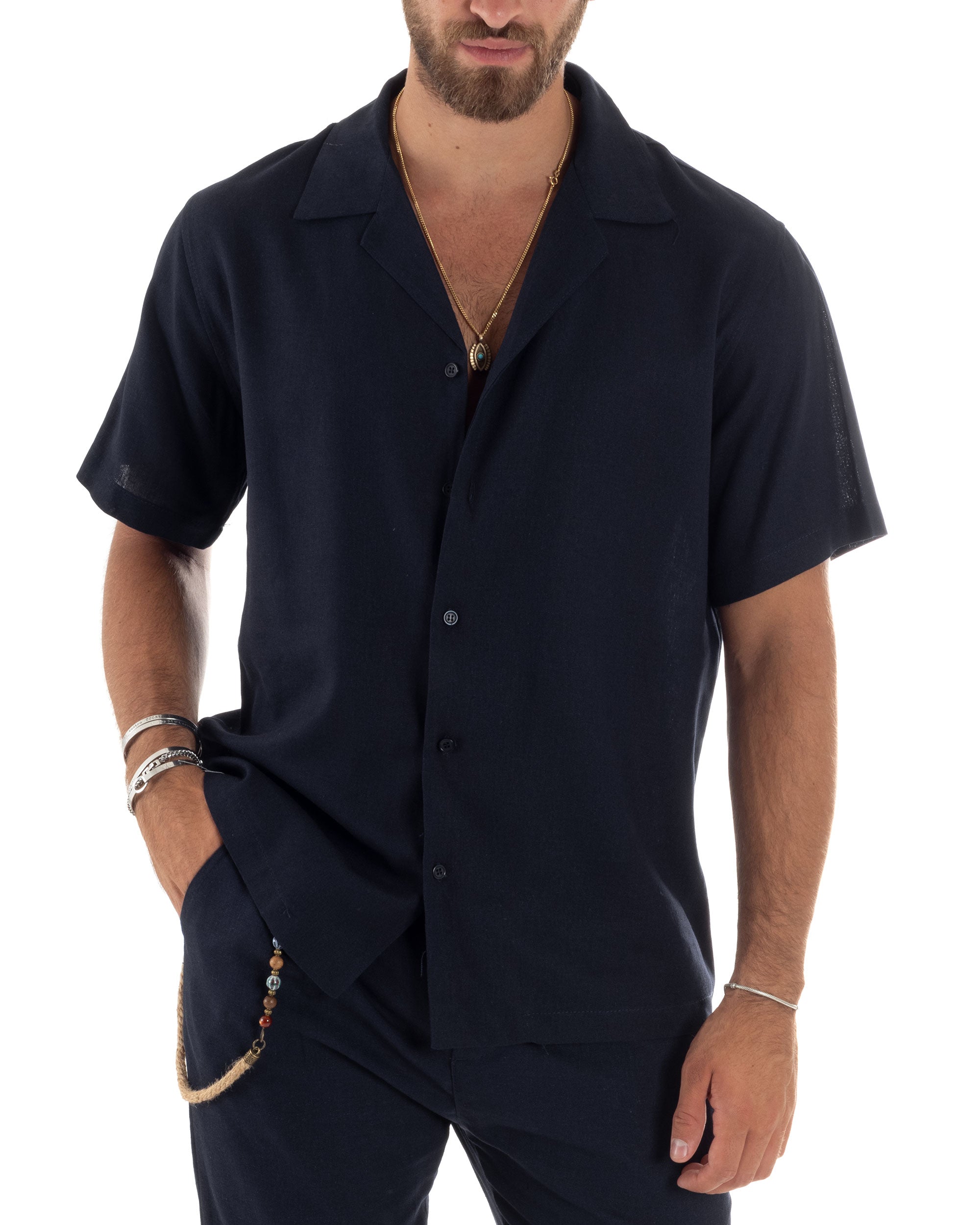 Camicia Uomo Lino Mezze Maniche Con Bottoncini Colletto Bowling Collo Con Rever Casual Boxy Fit Tinta Unita Blu GIOSAL-CC1212A