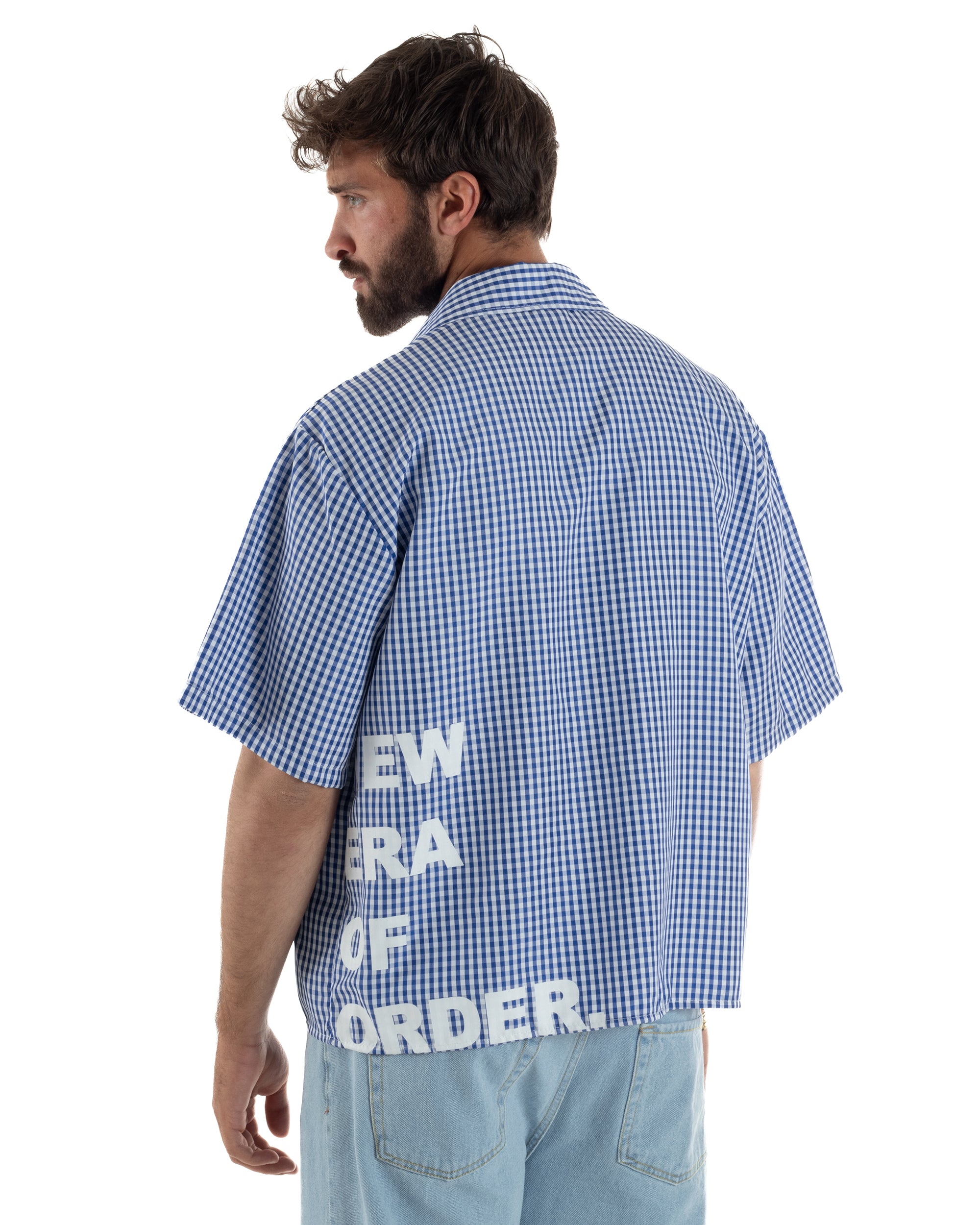 Camicia uomo maniche corte crop boxy fit quadri stampa retro blu GIOSAL-CC1228A