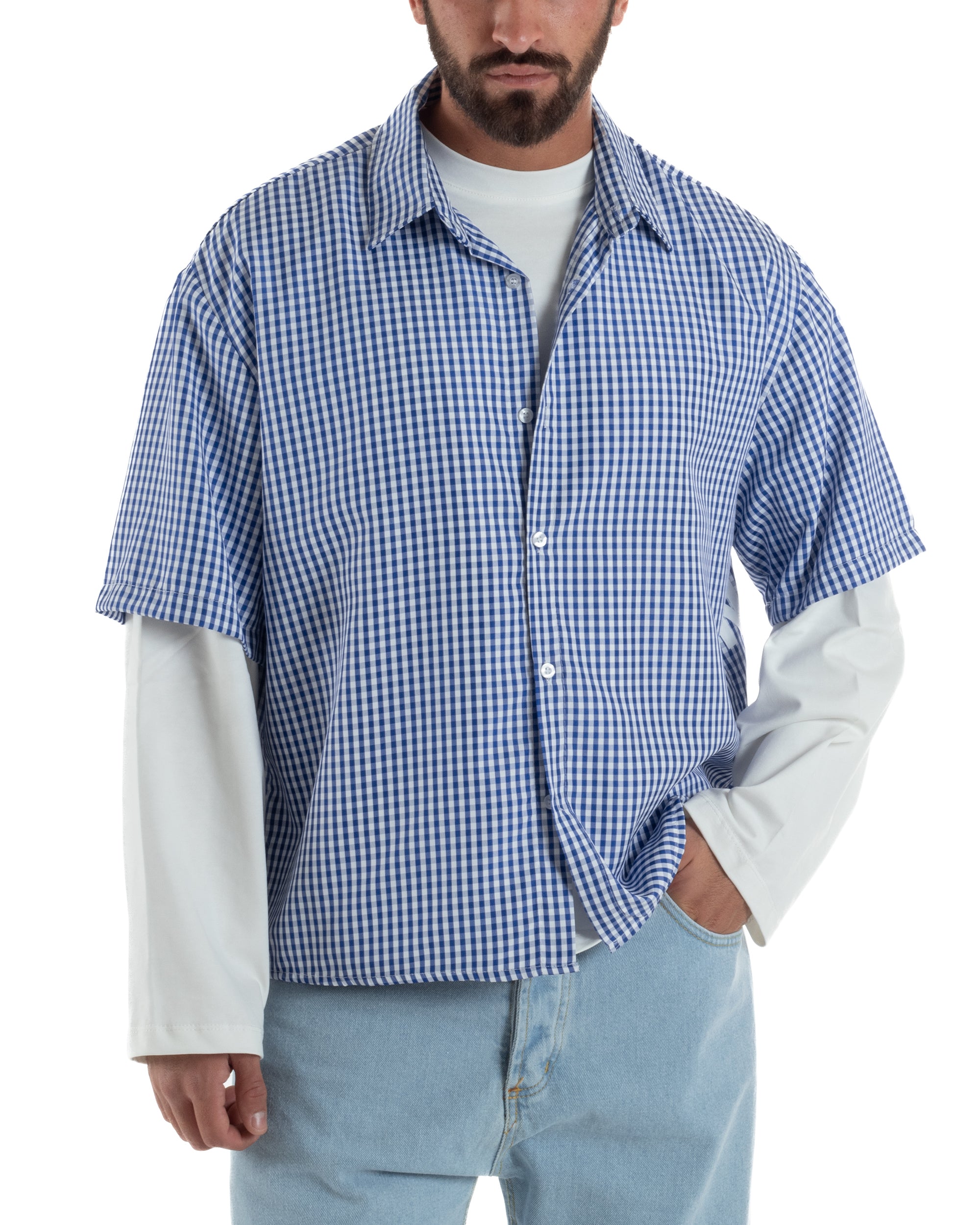 Camicia uomo maniche corte crop boxy fit quadri stampa retro blu GIOSAL-CC1228A