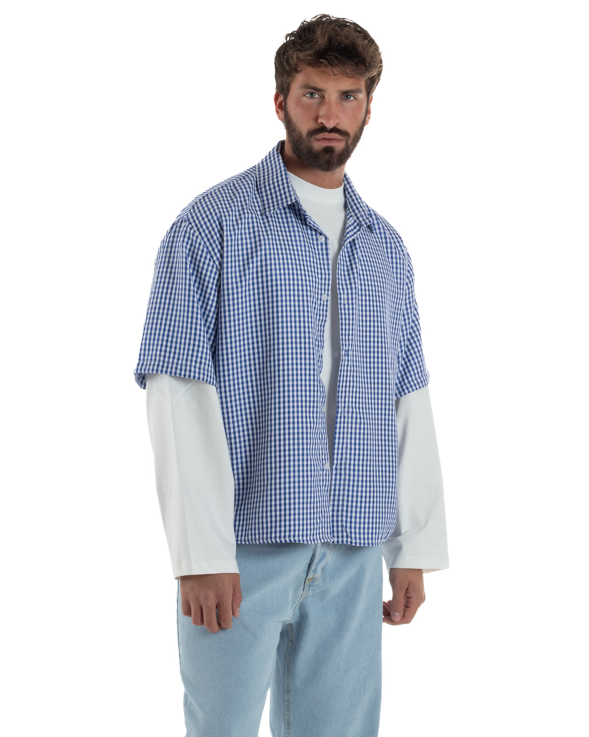 Camicia uomo maniche corte crop boxy fit quadri stampa retro blu GIOSAL-CC1228A
