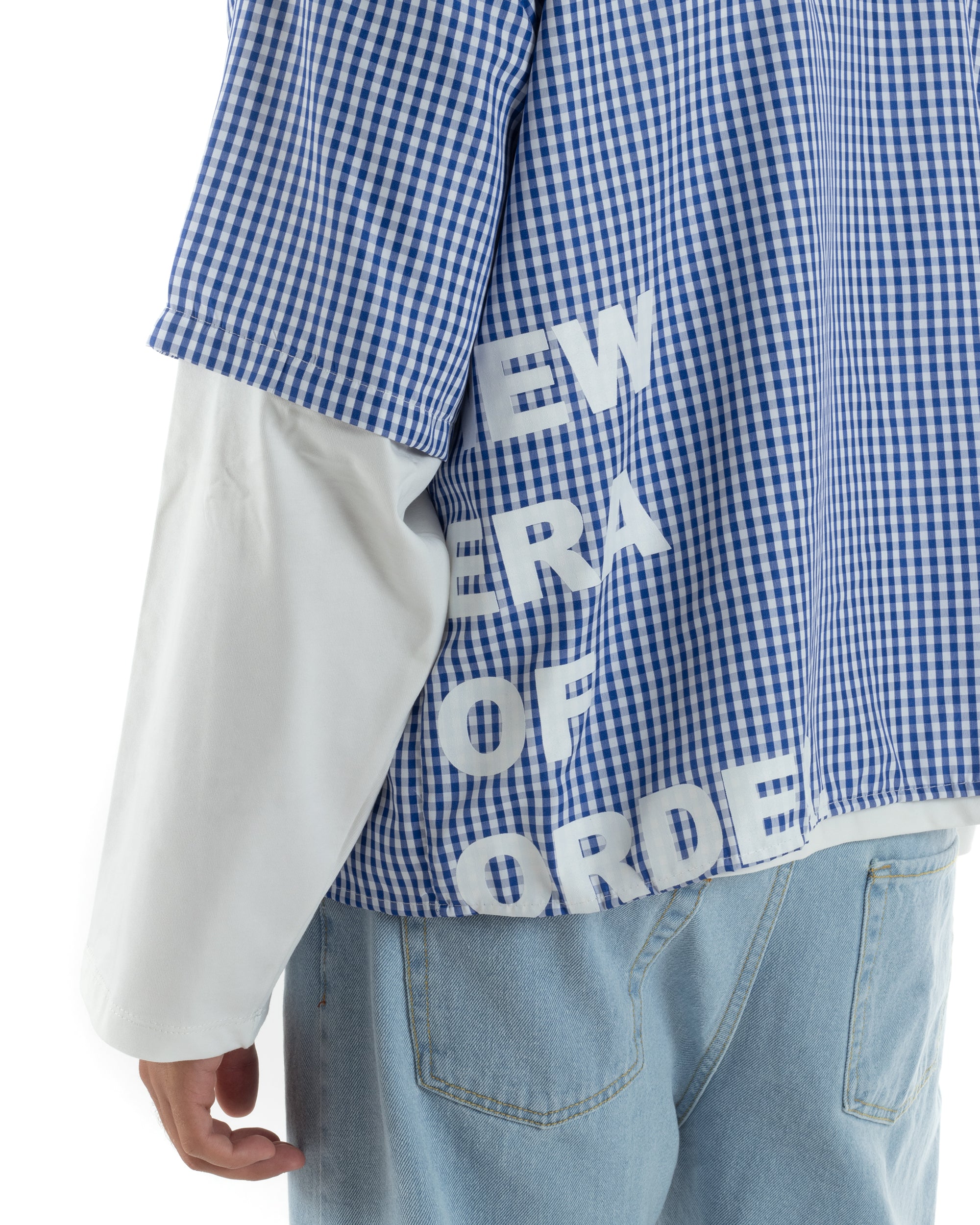 Camicia uomo maniche corte crop boxy fit quadri stampa retro blu GIOSAL-CC1228A