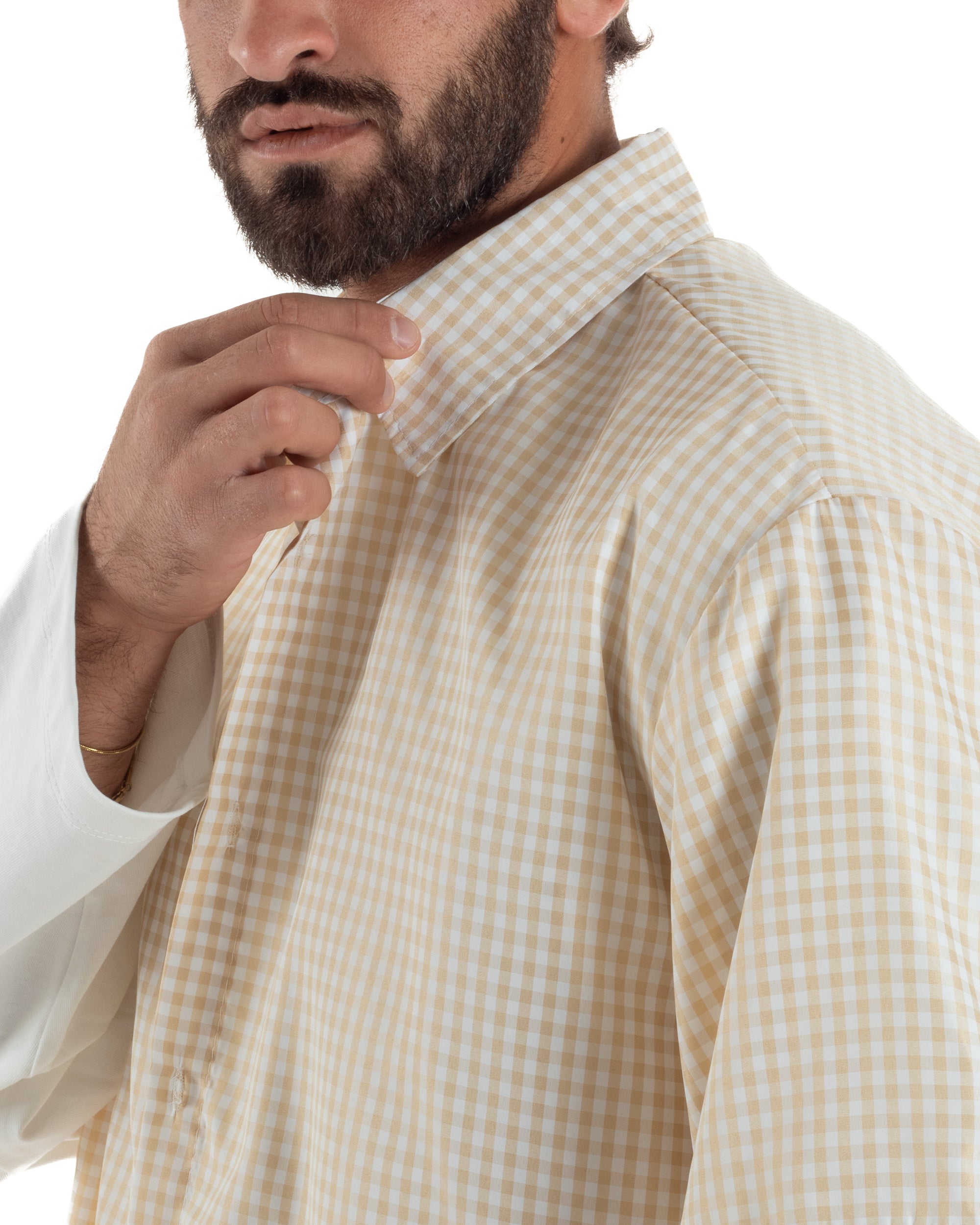 Camicia uomo maniche corte crop boxy fit quadri stampa retro beige GIOSAL-CC1229A