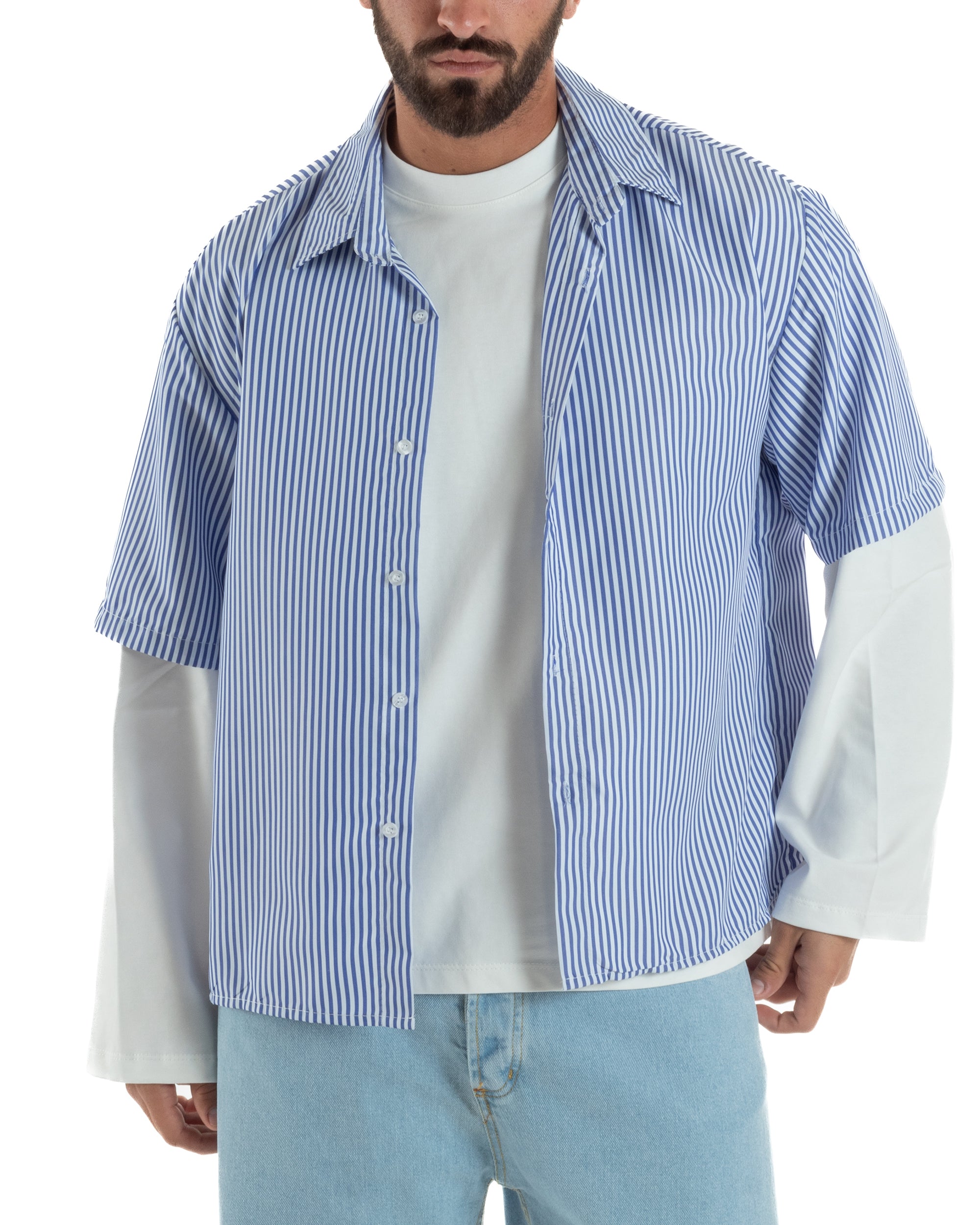 Camicia uomo maniche corte crop boxy fit rigata stampa retro blu GIOSAL-CC1230A