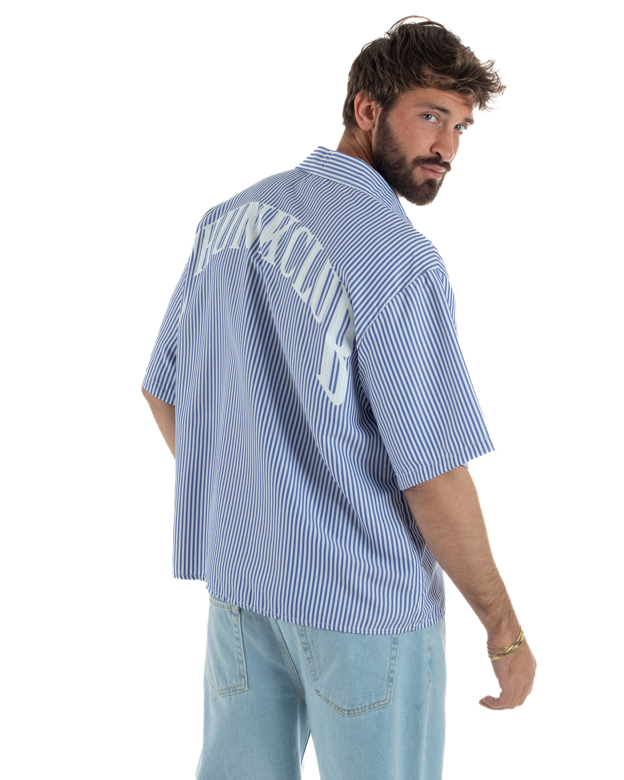 Camicia uomo maniche corte crop boxy fit rigata stampa retro blu GIOSAL-CC1230A