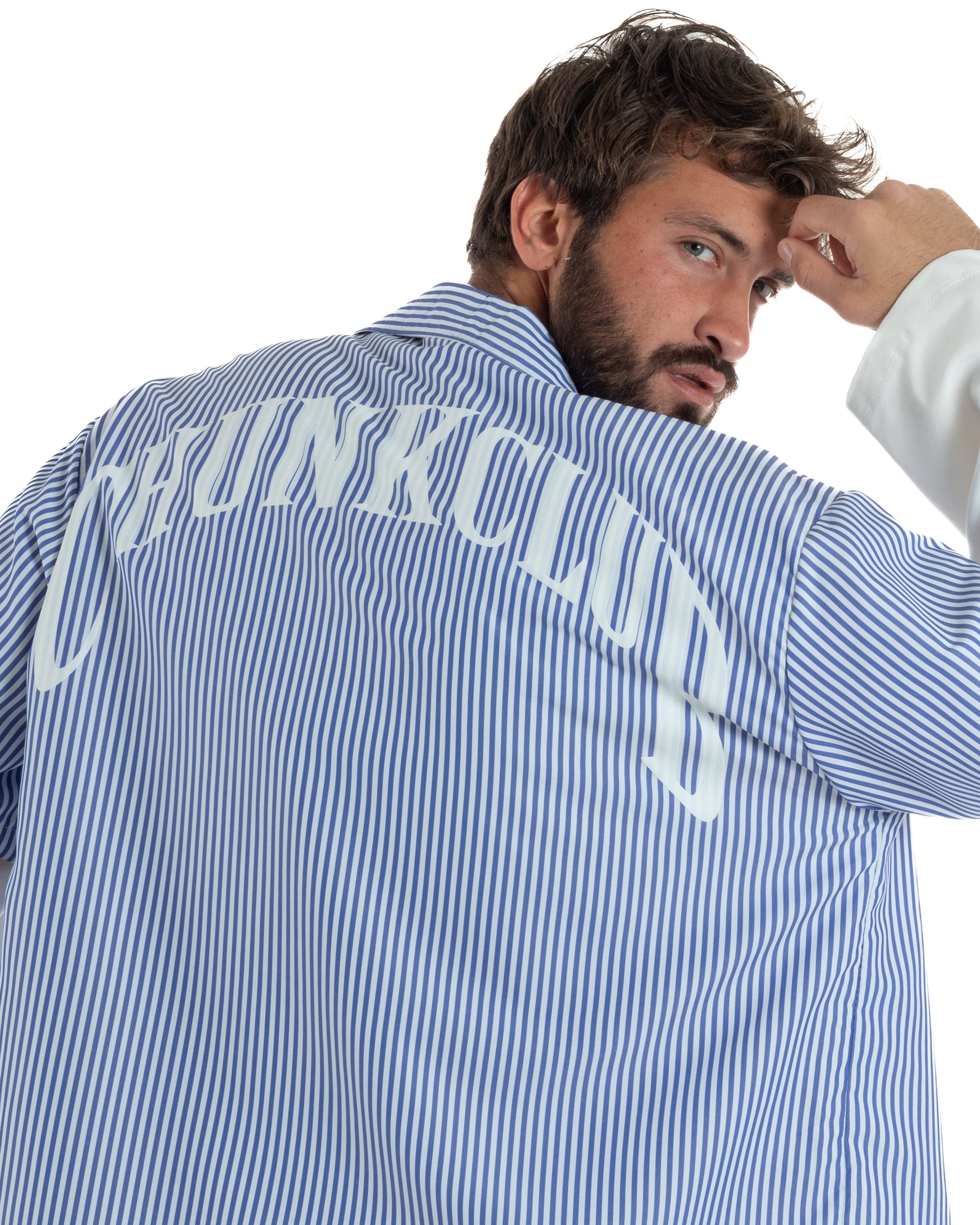 Camicia uomo maniche corte crop boxy fit rigata stampa retro blu GIOSAL-CC1230A