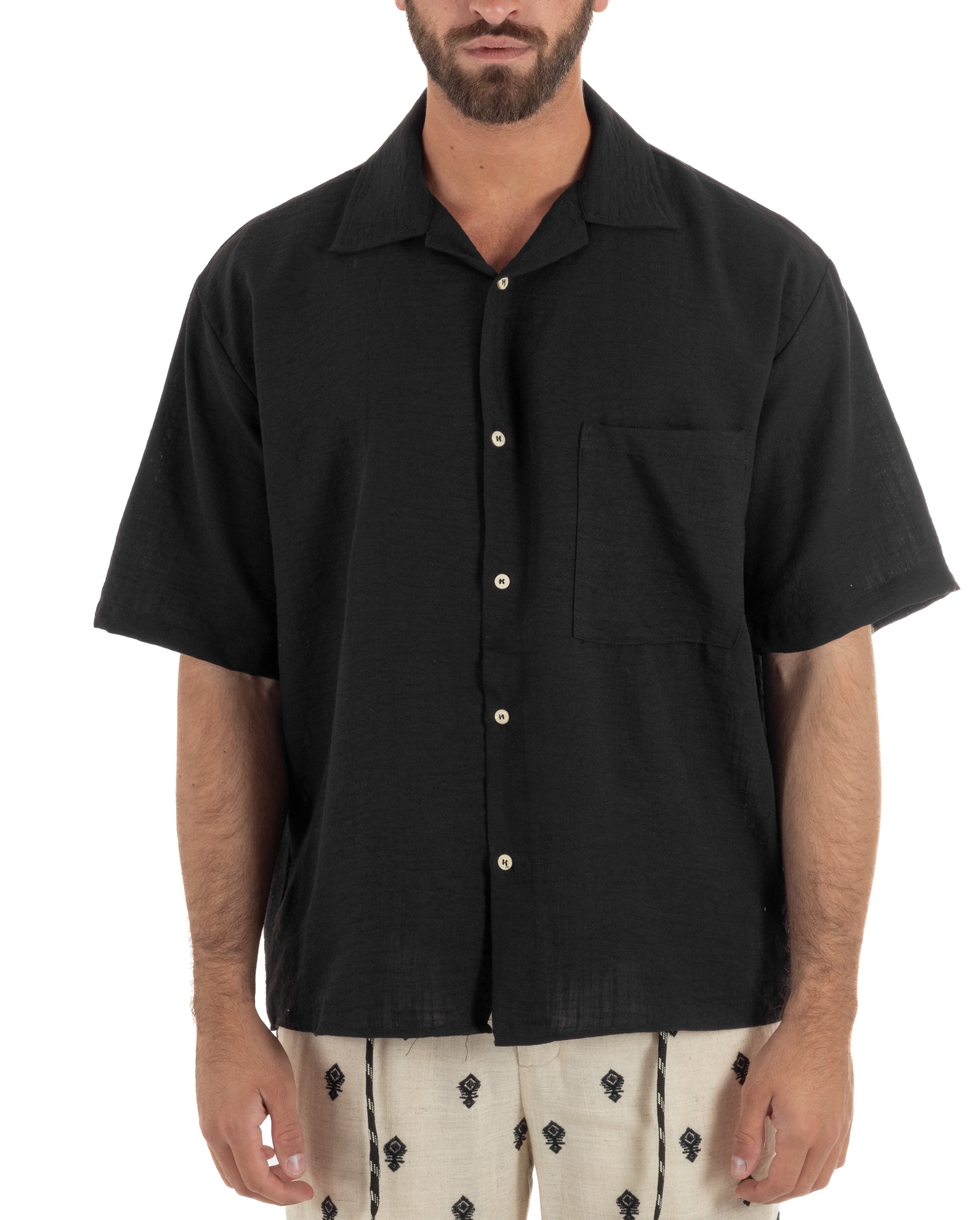 Camicia maniche corte uomo colletto bowling taschino relaxed fit nero GIOSAL-CC1231A