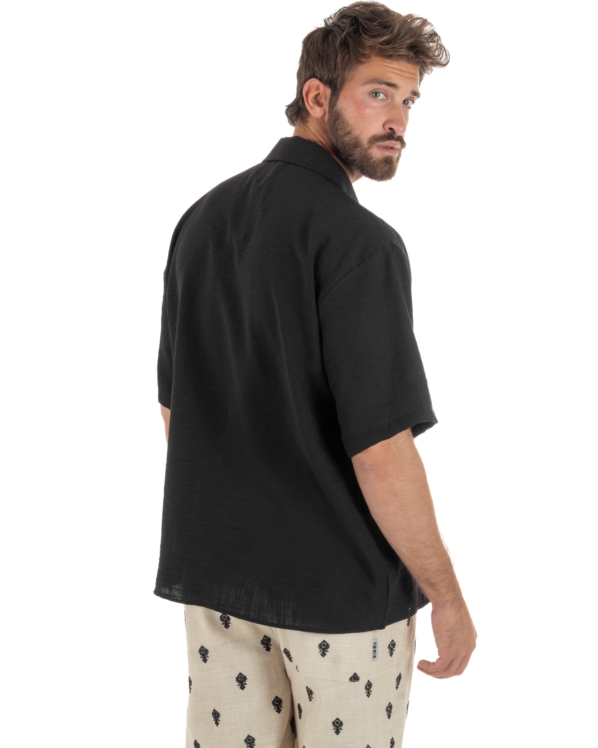 Camicia maniche corte uomo colletto bowling taschino relaxed fit nero GIOSAL-CC1231A