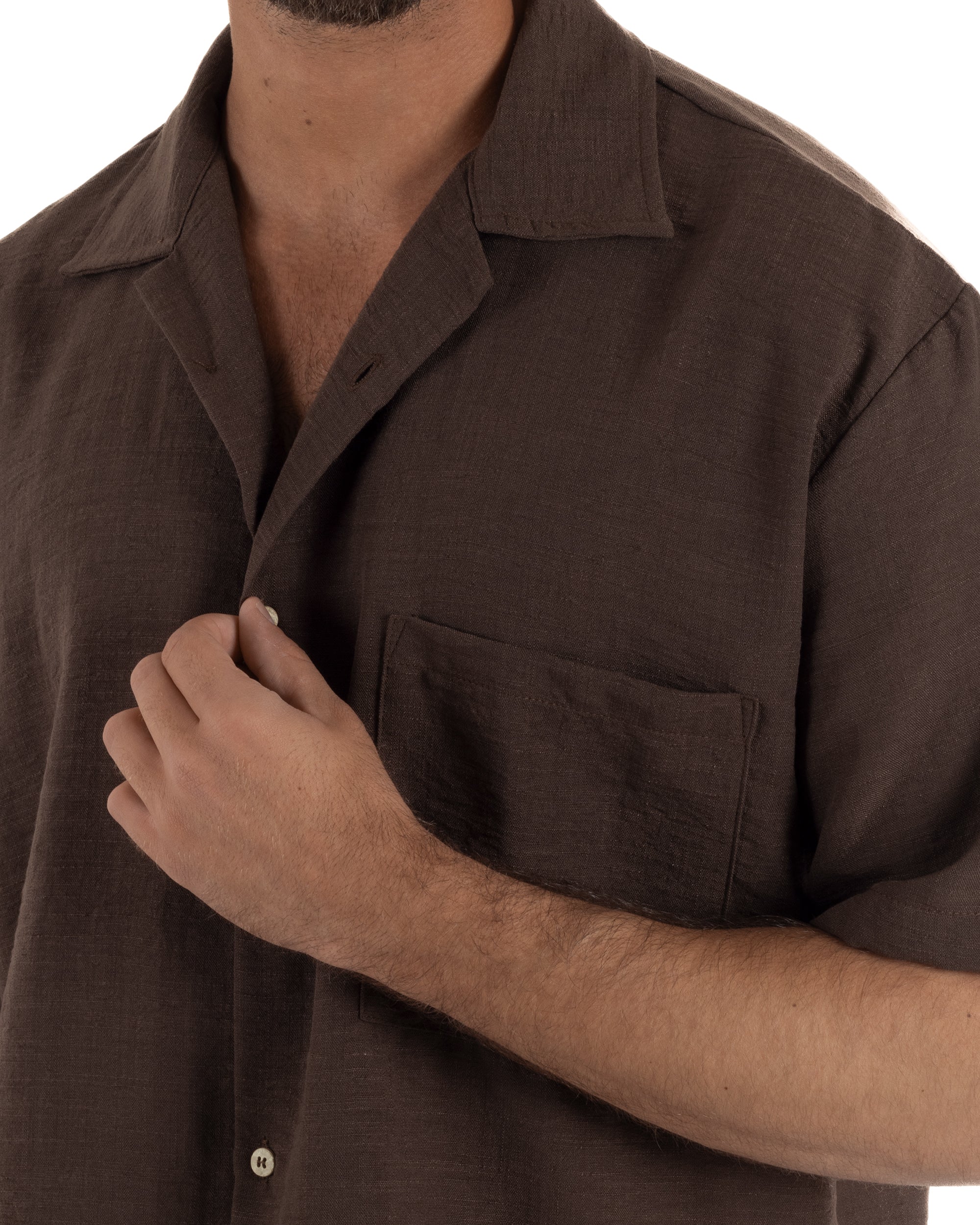 Camicia maniche corte uomo colletto bowling taschino relaxed fit marrone GIOSAL-CC1232A
