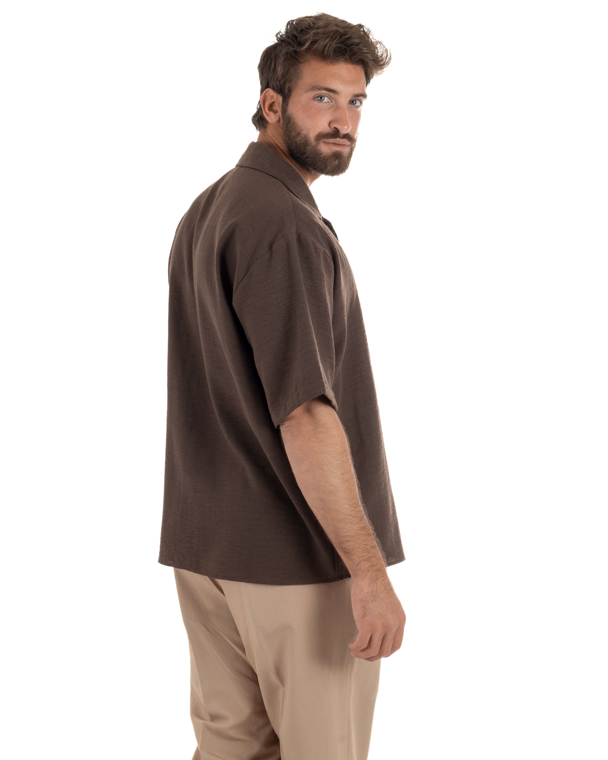 Camicia maniche corte uomo colletto bowling taschino relaxed fit marrone GIOSAL-CC1232A