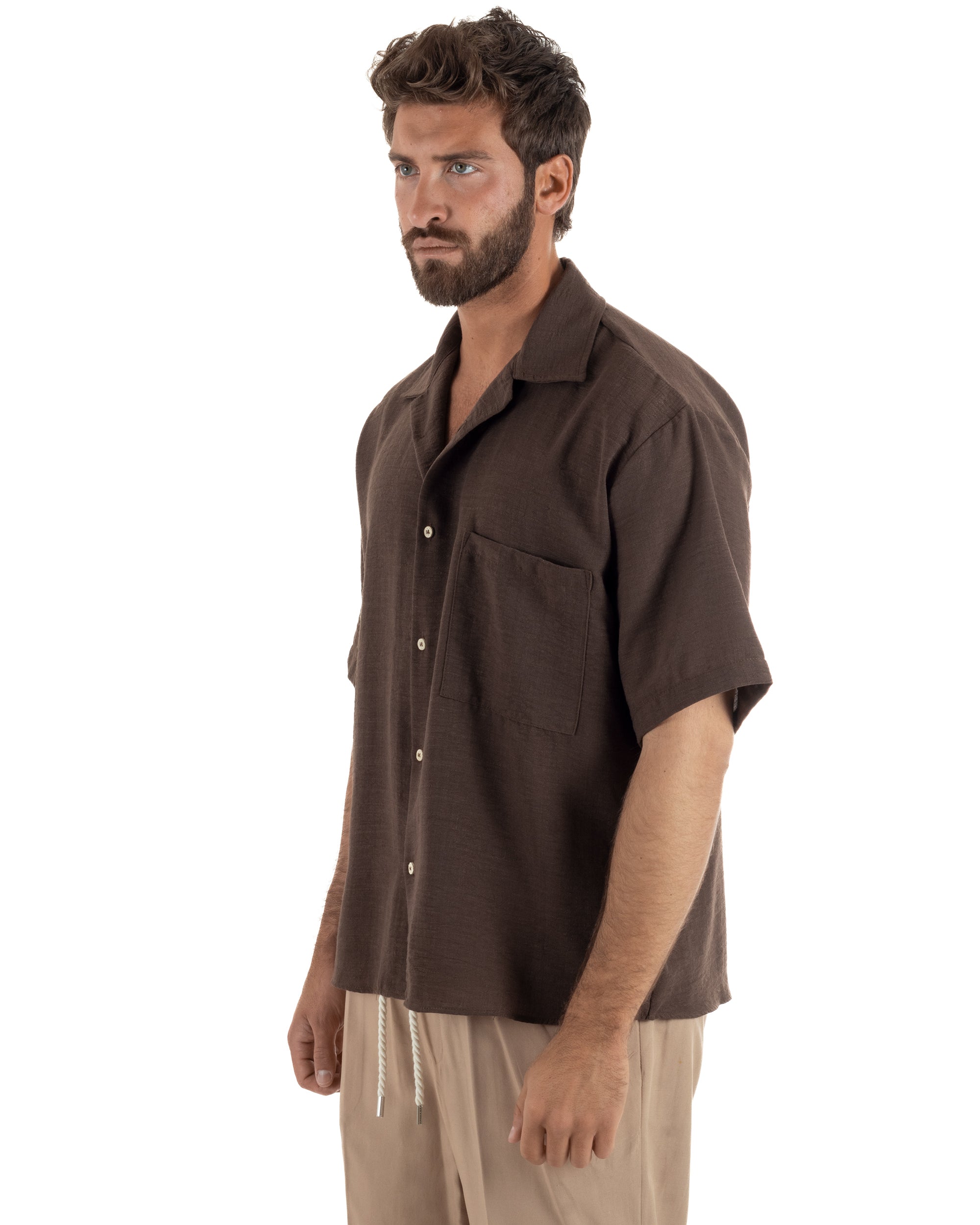 Camicia maniche corte uomo colletto bowling taschino relaxed fit marrone GIOSAL-CC1232A