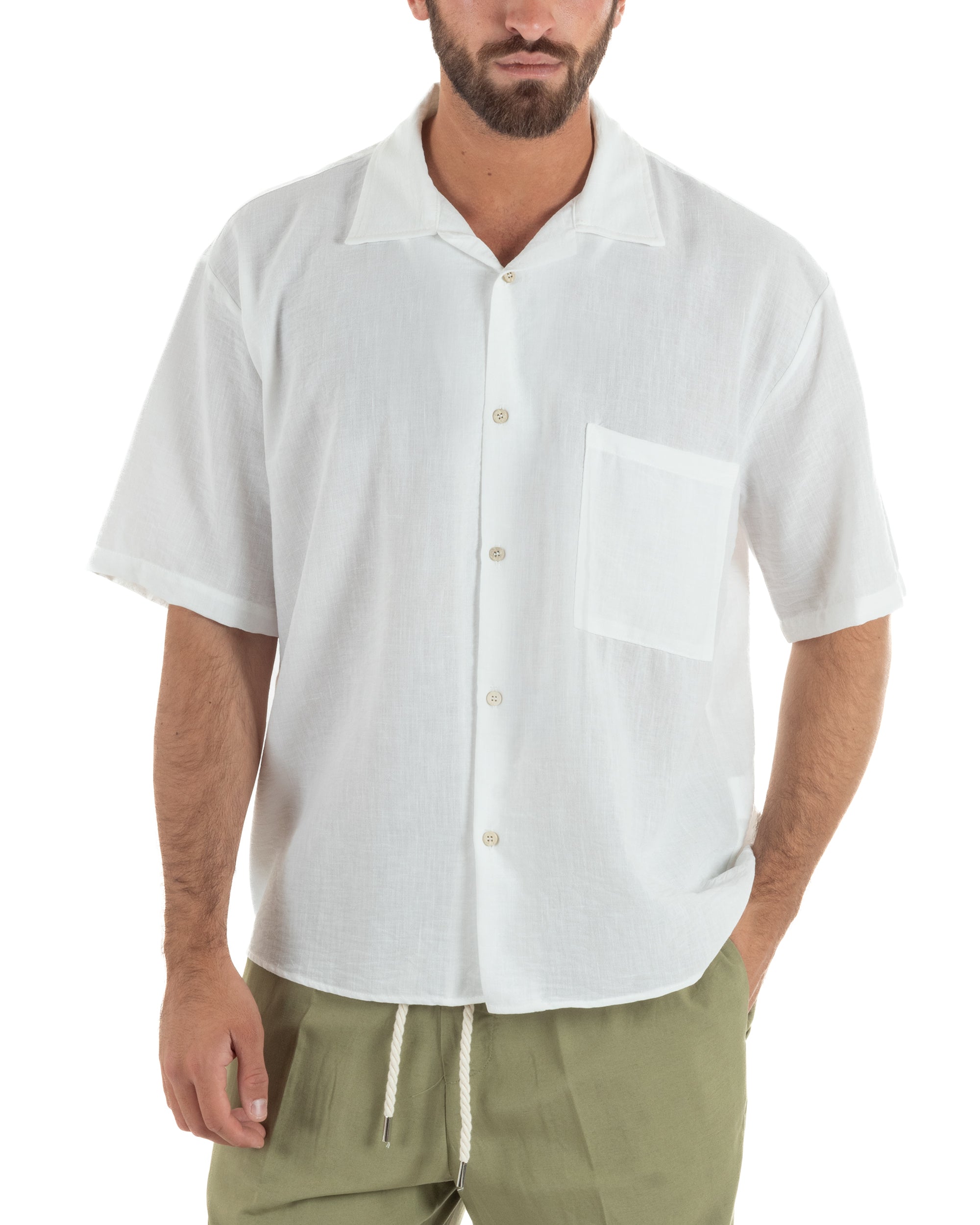 Camicia maniche corte uomo colletto bowling taschino relaxed fit bianco GIOSAL-CC1233A
