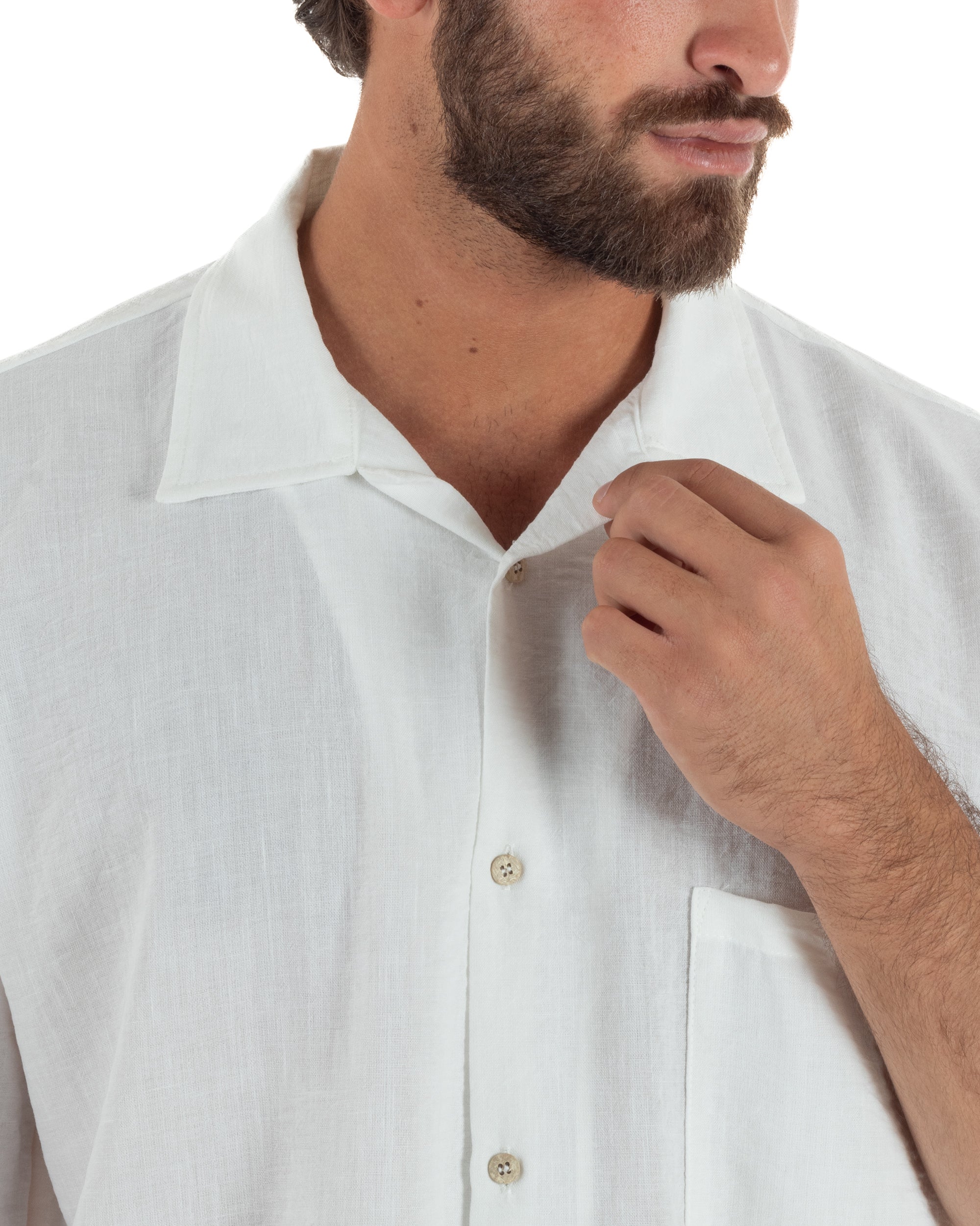 Camicia maniche corte uomo colletto bowling taschino relaxed fit bianco GIOSAL-CC1233A