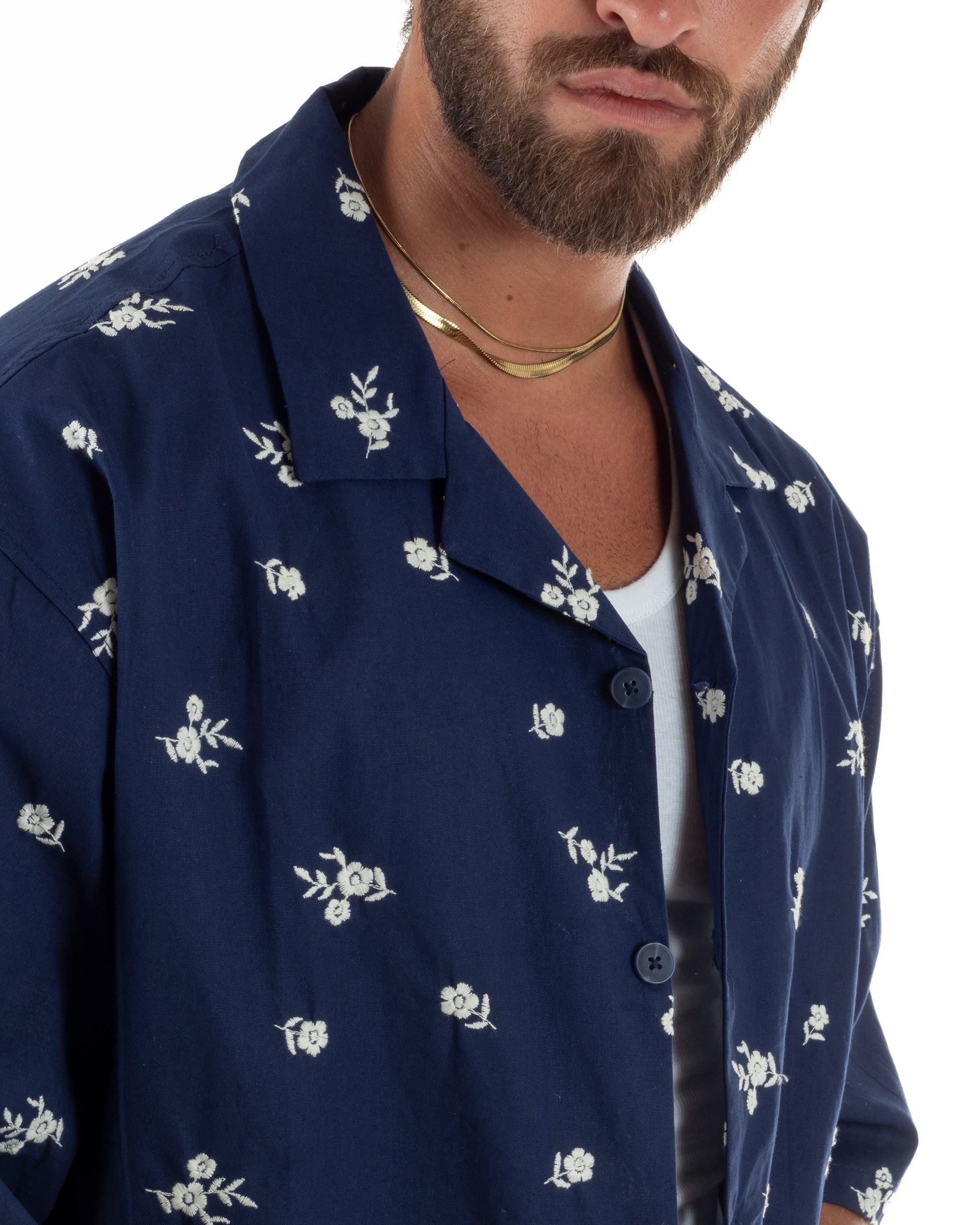 Camicia uomo maniche corte fantasia floreale ricamata colletto revers blu GIOSAL-CC1234A