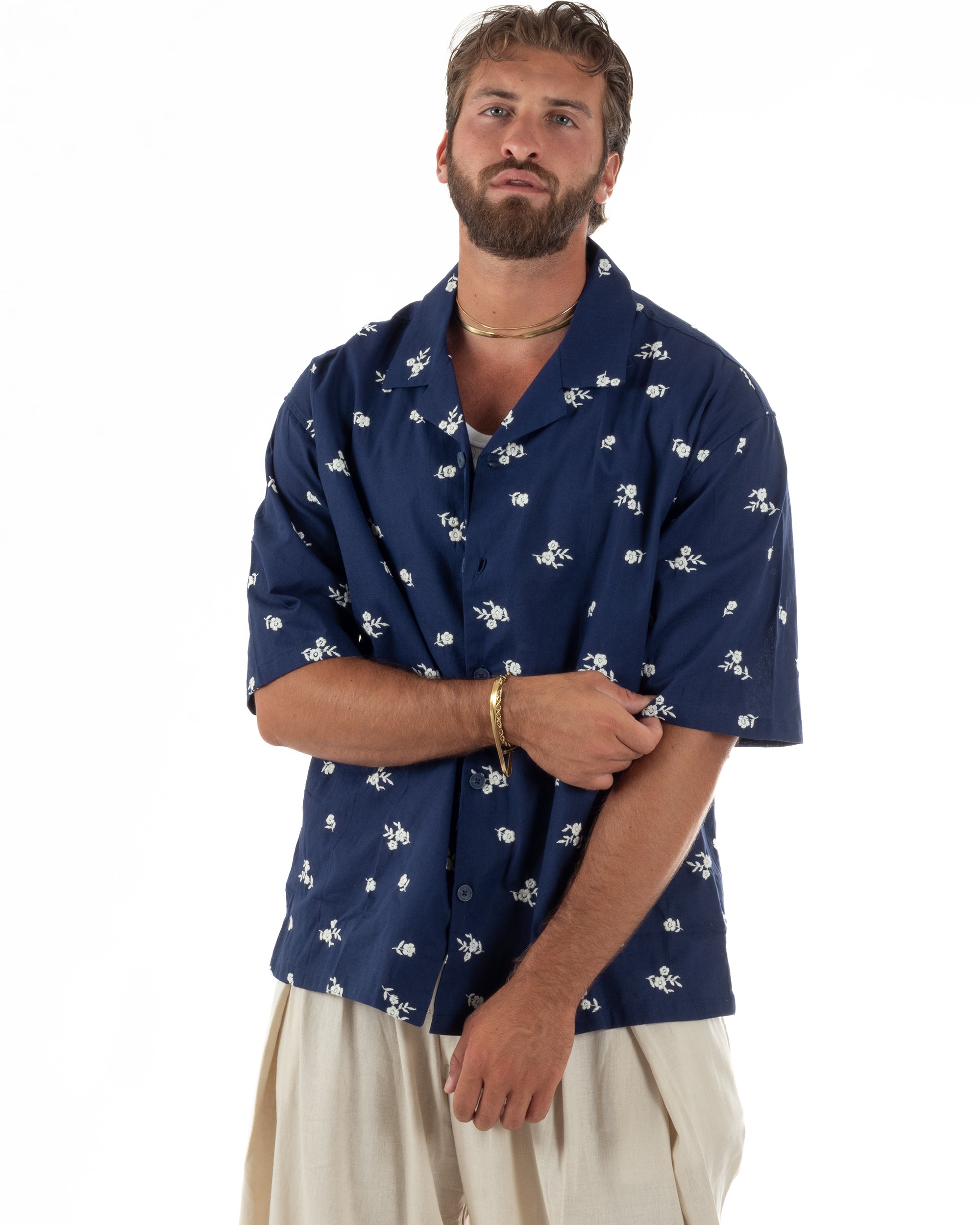 Camicia uomo maniche corte fantasia floreale ricamata colletto revers blu GIOSAL-CC1234A