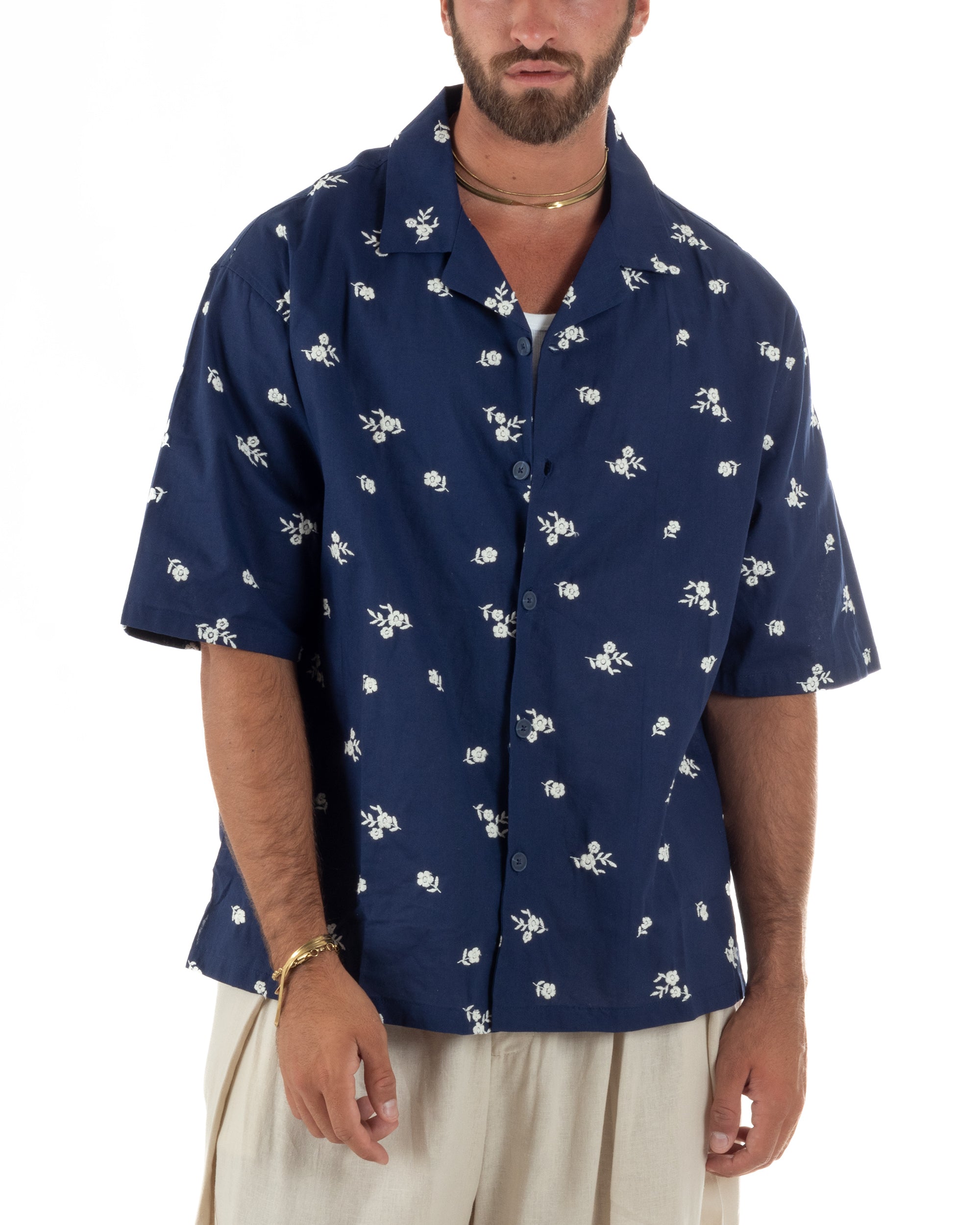 Camicia uomo maniche corte fantasia floreale ricamata colletto revers blu GIOSAL-CC1234A