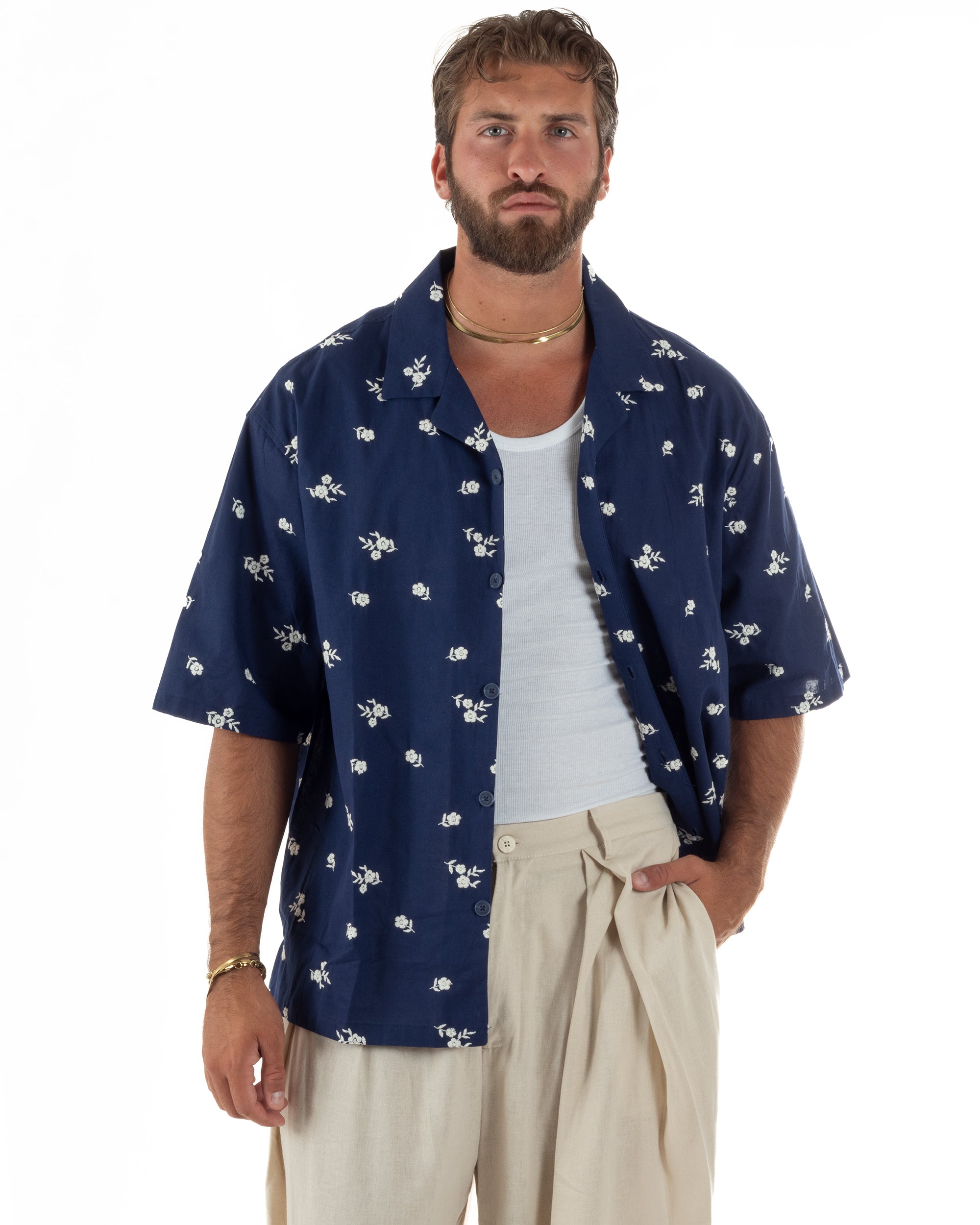 Camicia uomo maniche corte fantasia floreale ricamata colletto revers blu GIOSAL-CC1234A