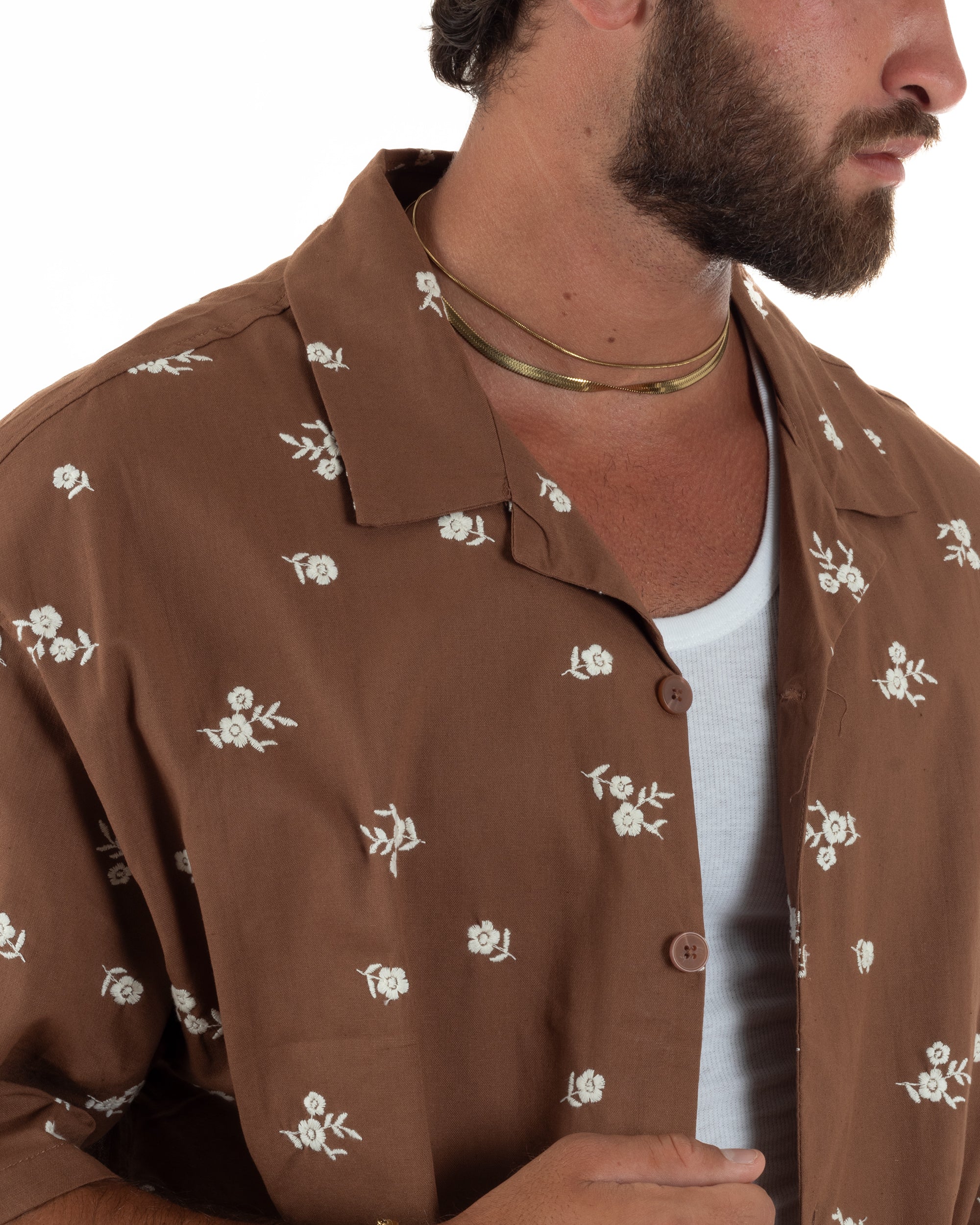 Camicia uomo maniche corte fantasia floreale ricamata colletto revers marrone GIOSAL-CC1235A