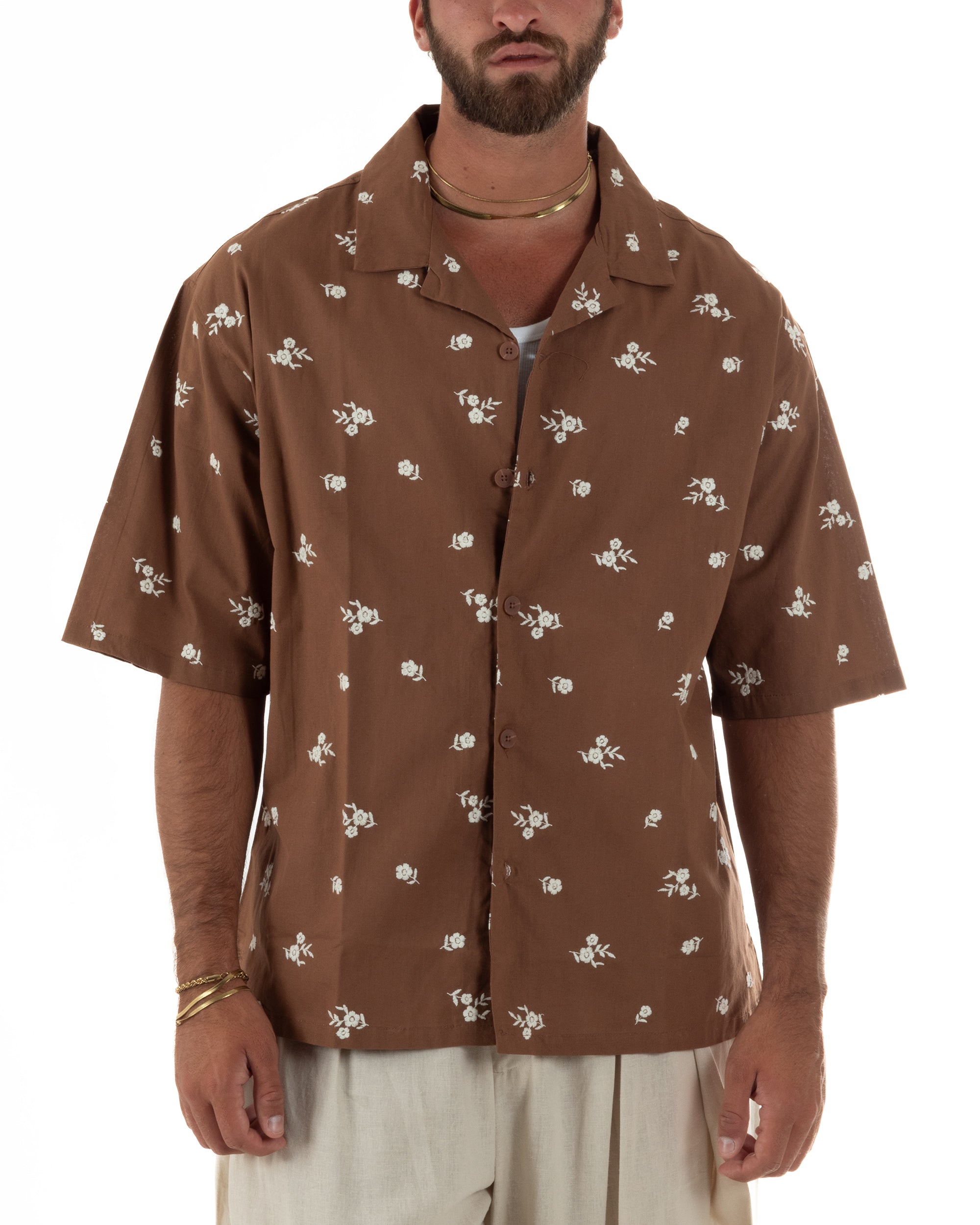 Camicia uomo maniche corte fantasia floreale ricamata colletto revers marrone GIOSAL-CC1235A
