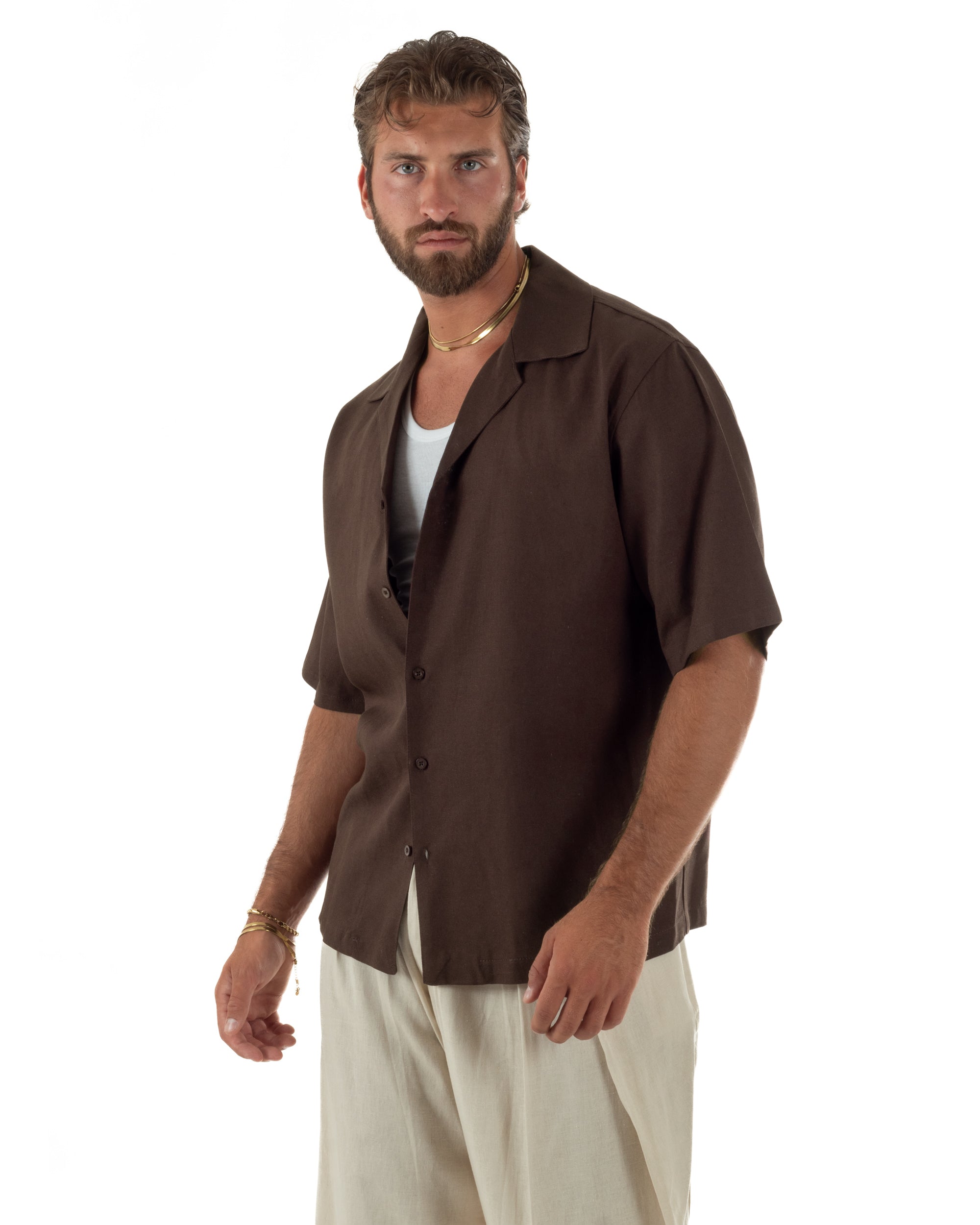 Camicia uomo lino mezze maniche colletto bowling collo rever boxy fit marrone GIOSAL-CC1236A