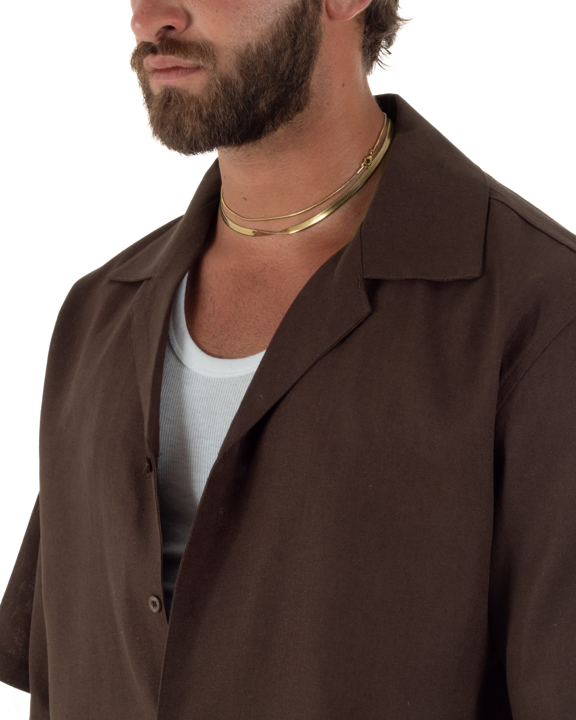 Camicia uomo lino mezze maniche colletto bowling collo rever boxy fit marrone GIOSAL-CC1236A