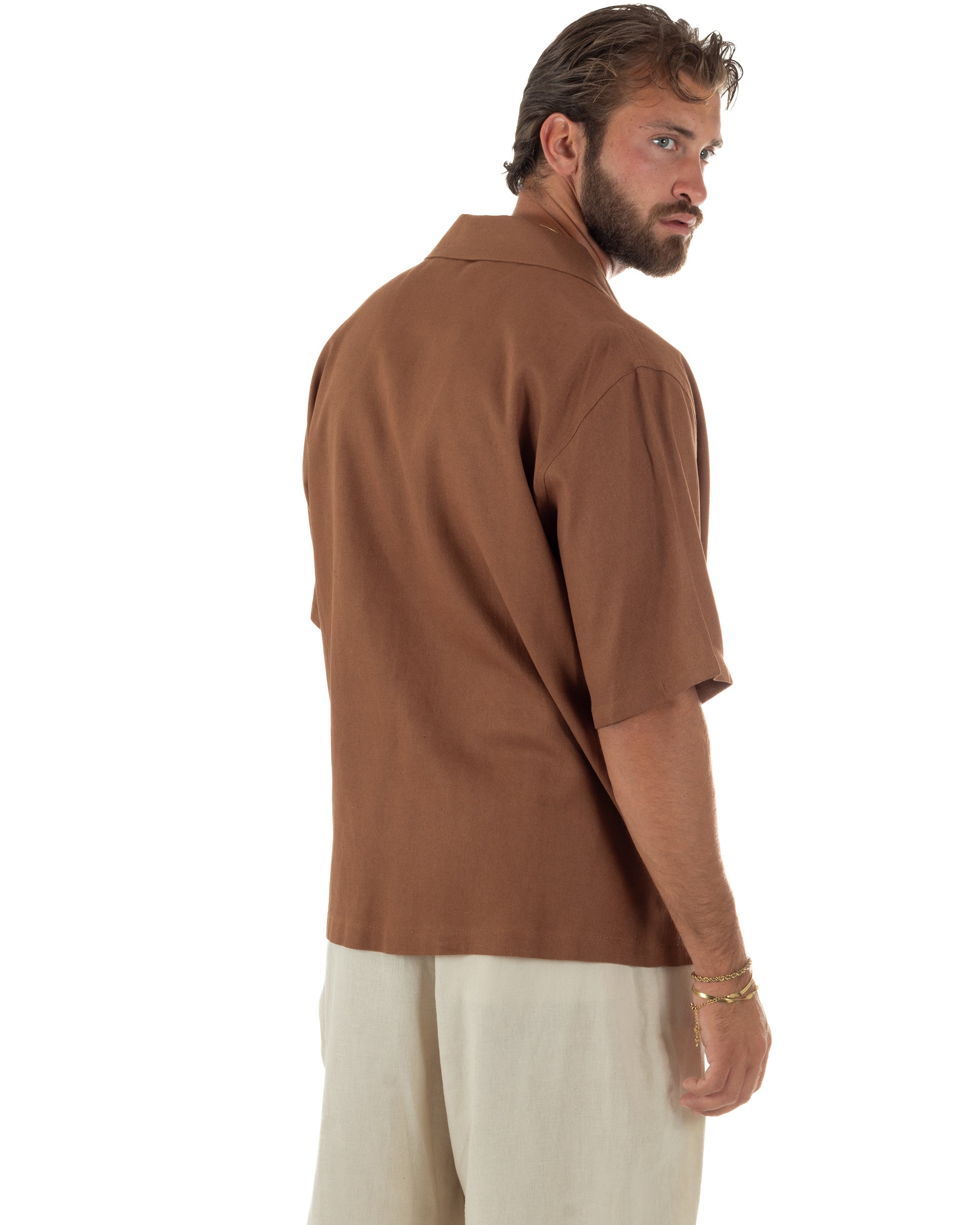 Camicia uomo lino mezze maniche colletto bowling collo rever boxy fit camel GIOSAL-CC1237A