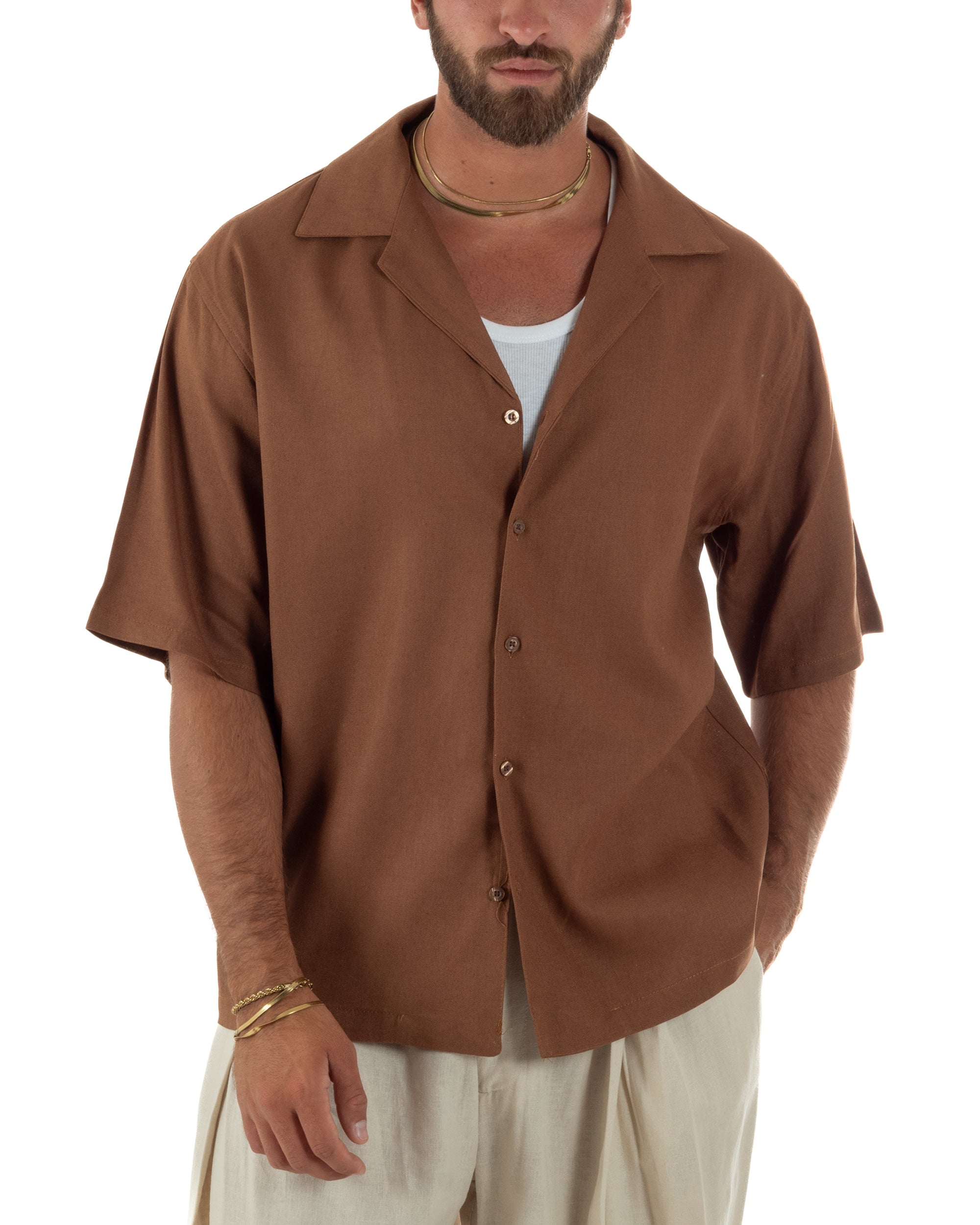 Camicia uomo lino mezze maniche colletto bowling collo rever boxy fit camel GIOSAL-CC1237A