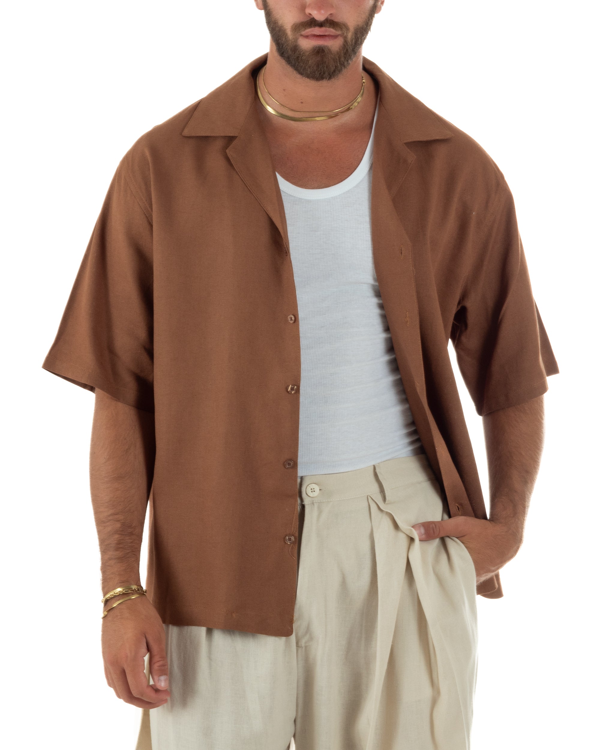 Camicia uomo lino mezze maniche colletto bowling collo rever boxy fit camel GIOSAL-CC1237A