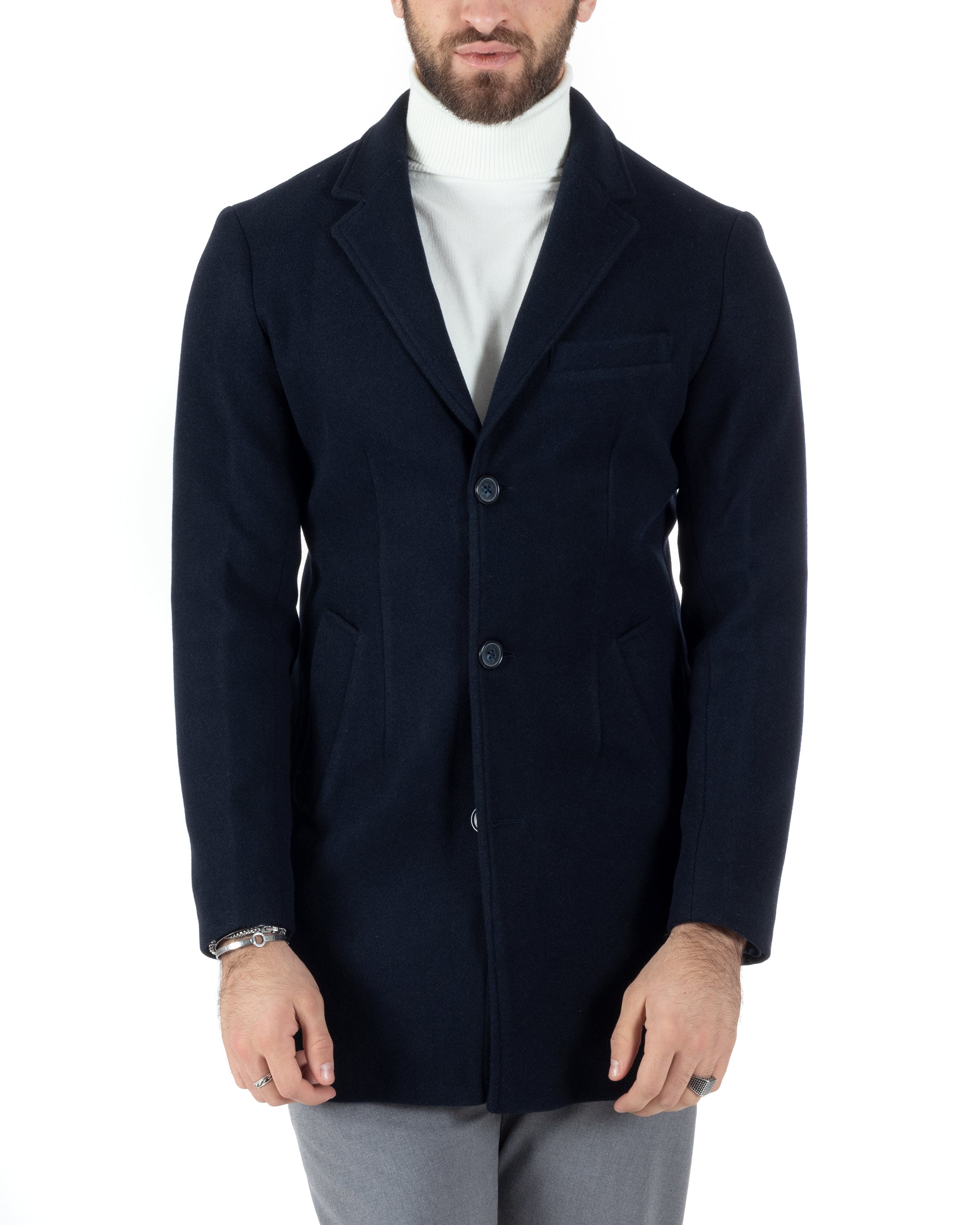 Cappotto Monopetto Uomo Giacca Colletto Rever Giaccone Tinta Unita Blu Baronetto Elegante GIOSAL-CO1000A