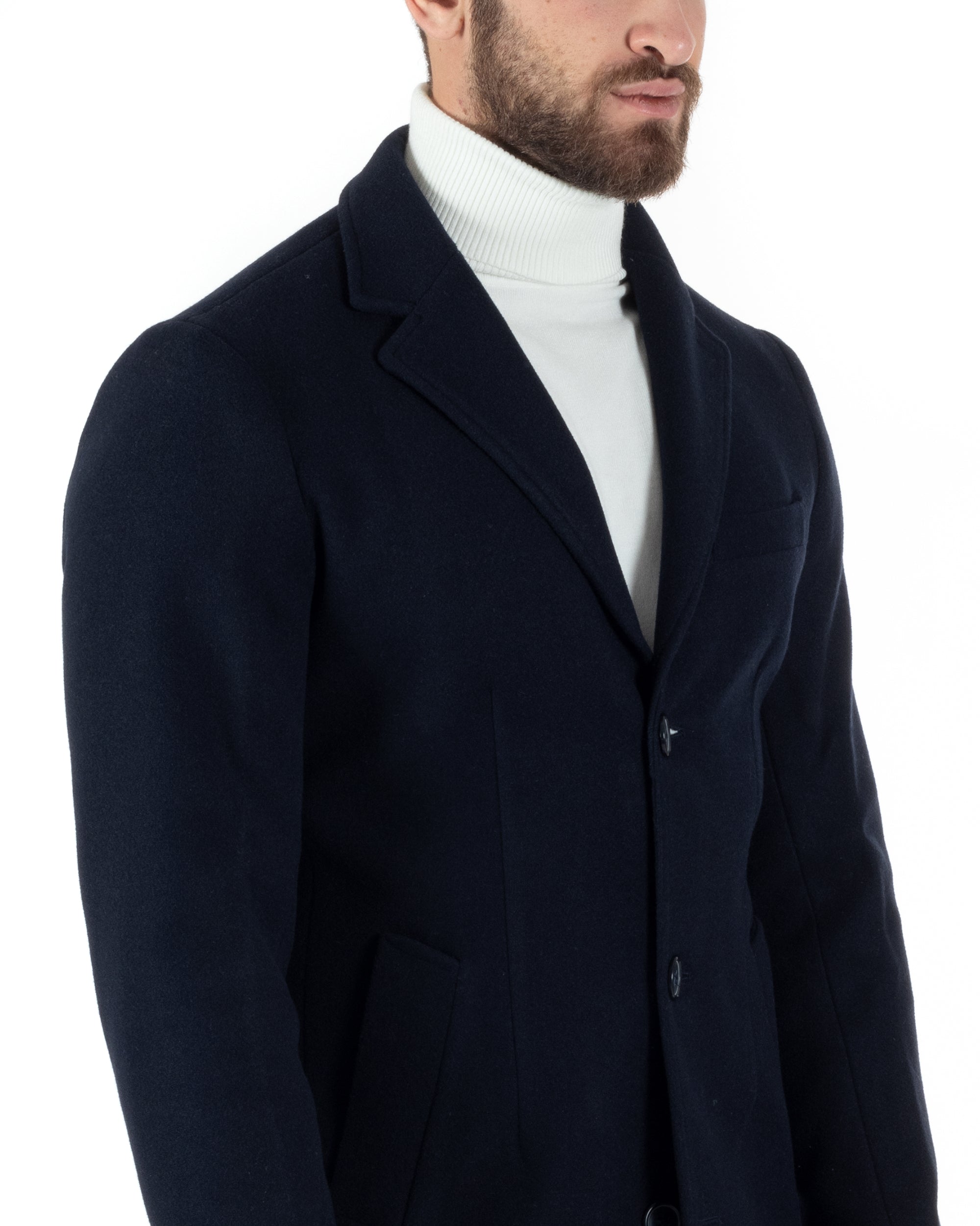 Cappotto Monopetto Uomo Giacca Colletto Rever Giaccone Tinta Unita Blu Baronetto Elegante GIOSAL-CO1000A
