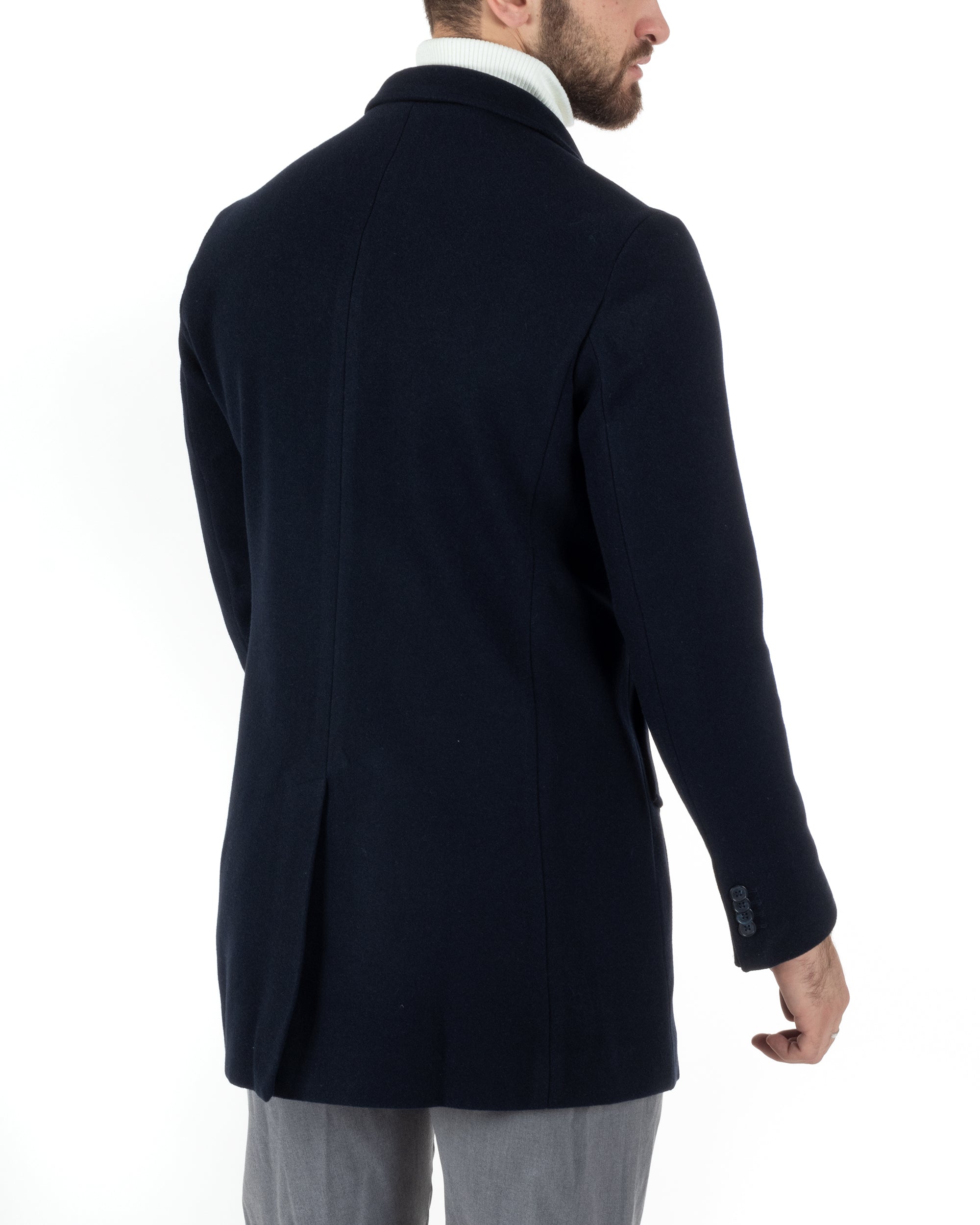 Cappotto Monopetto Uomo Giacca Colletto Reverse Giaccone Tinta Unita Blu Baronetto Elegante GIOSAL-CO1000A