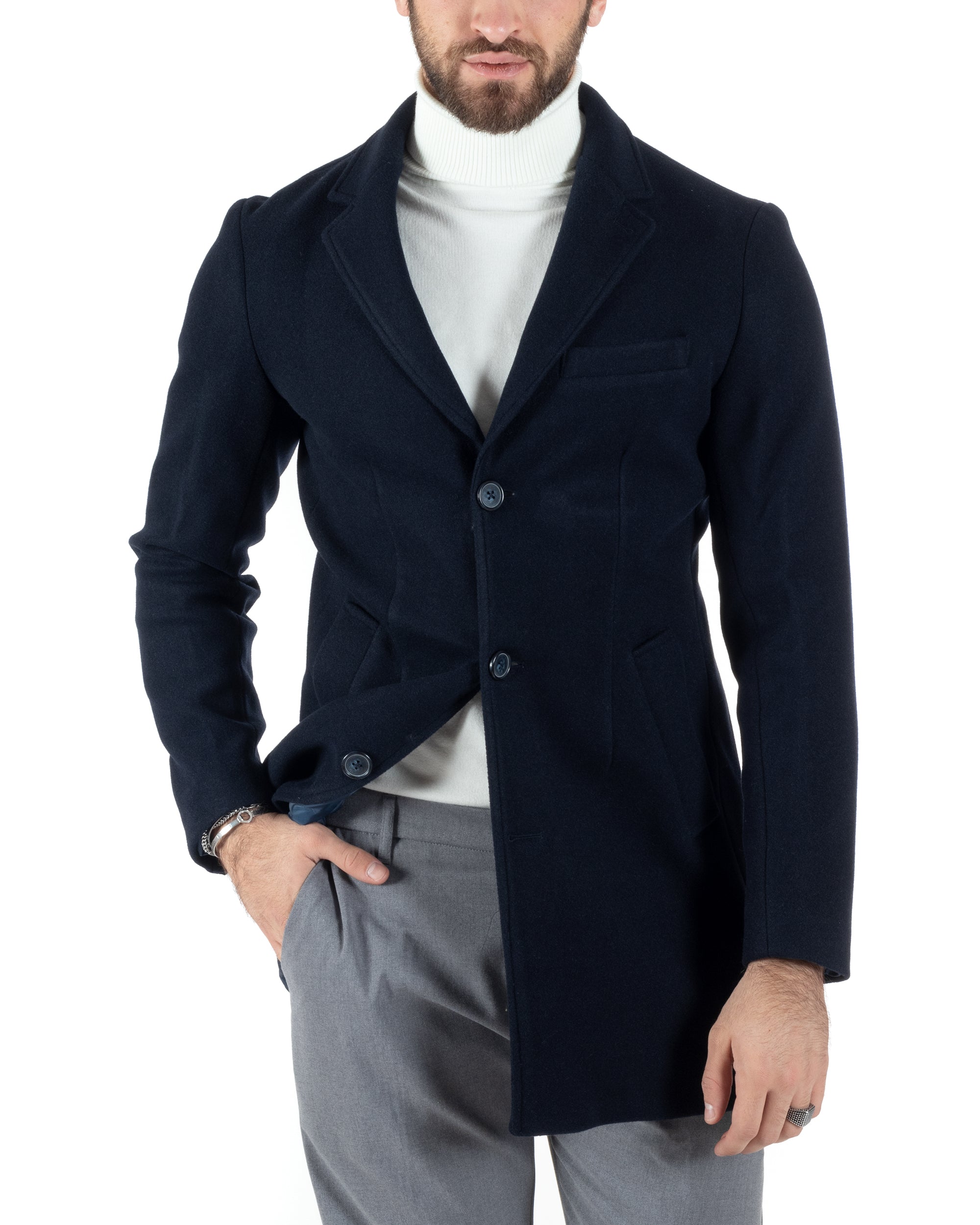 Cappotto Monopetto Uomo Giacca Colletto Rever Giaccone Tinta Unita Blu Baronetto Elegante GIOSAL-CO1000A