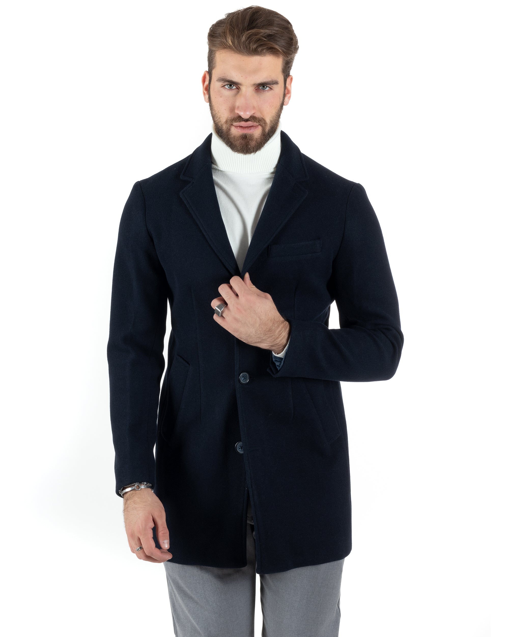 Cappotto Monopetto Uomo Giacca Colletto Reverse Giaccone Tinta Unita Blu Baronetto Elegante GIOSAL-CO1000A