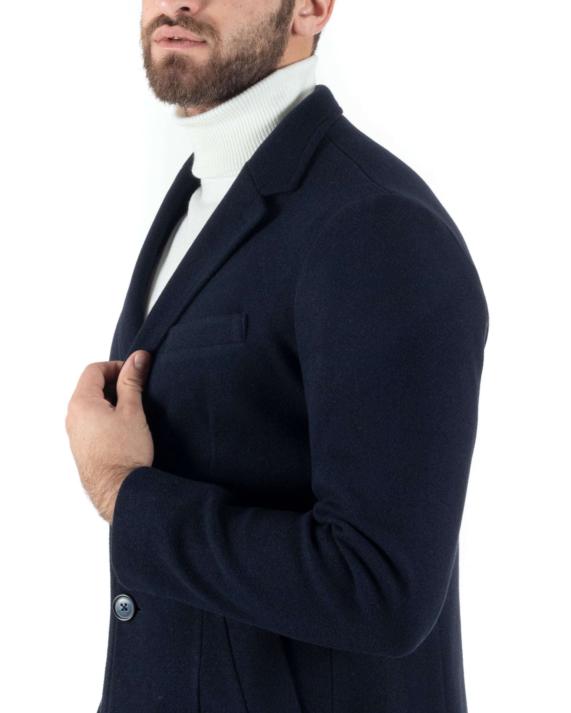 Cappotto Monopetto Uomo Giacca Colletto Rever Giaccone Tinta Unita Blu Baronetto Elegante GIOSAL-CO1000A