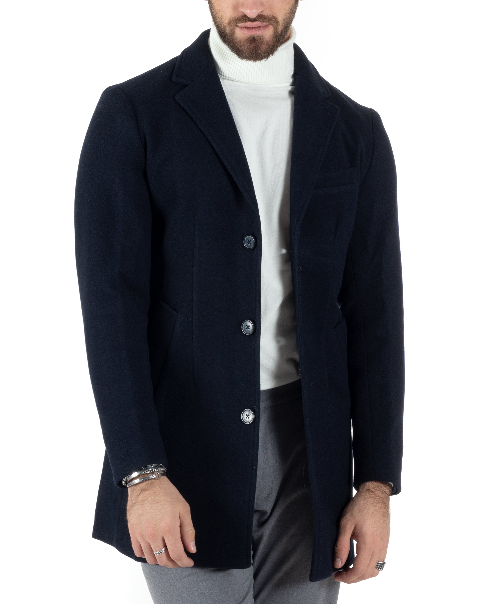 Cappotto Monopetto Uomo Giacca Colletto Rever Giaccone Tinta Unita Blu Baronetto Elegante GIOSAL-CO1000A