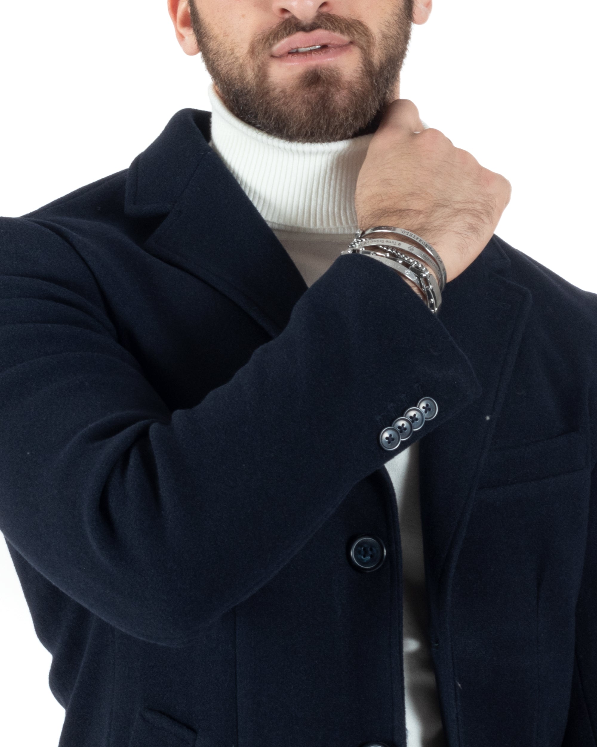 Cappotto Monopetto Uomo Giacca Colletto Rever Giaccone Tinta Unita Blu Baronetto Elegante GIOSAL-CO1000A