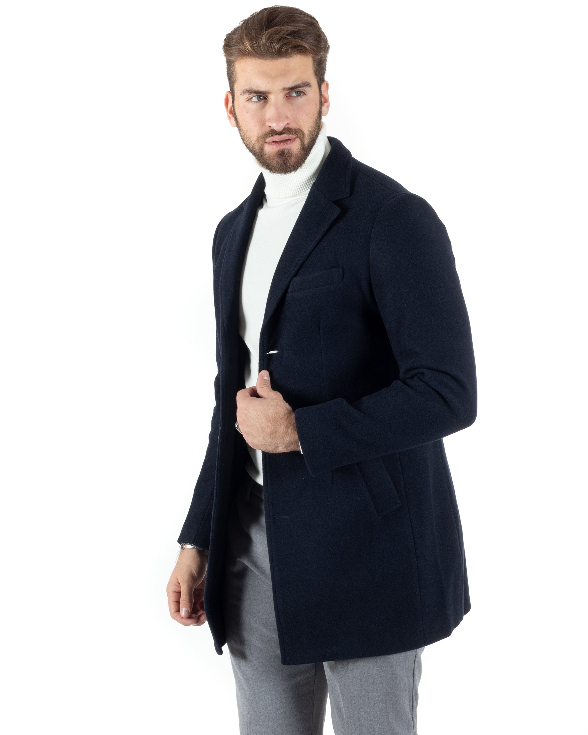 Cappotto Monopetto Uomo Giacca Colletto Rever Giaccone Tinta Unita Blu Baronetto Elegante GIOSAL-CO1000A