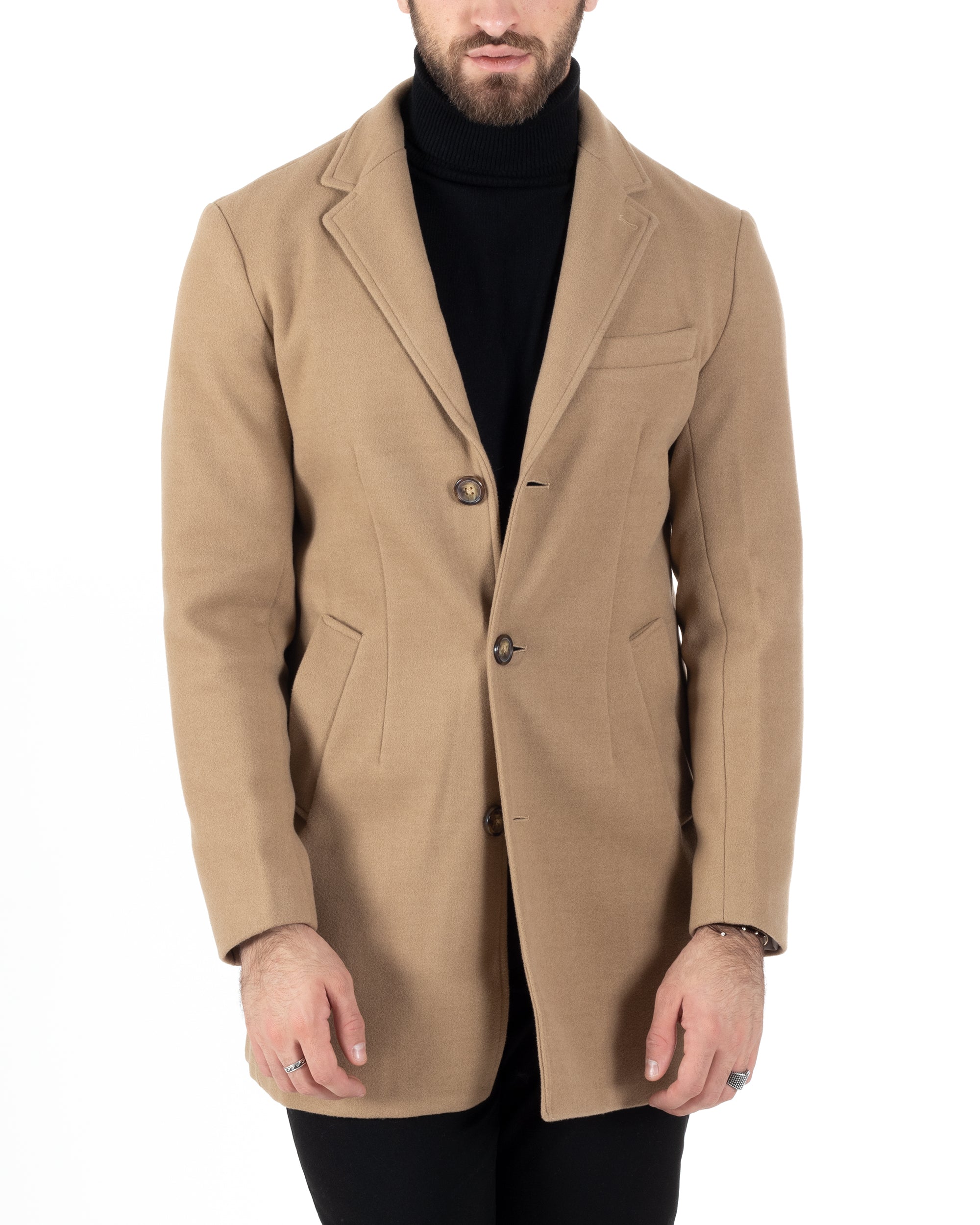 Cappotto Monopetto Uomo Giacca Colletto Rever Giaccone Tinta Unita Camel Baronetto Elegante GIOSAL-CO1001A