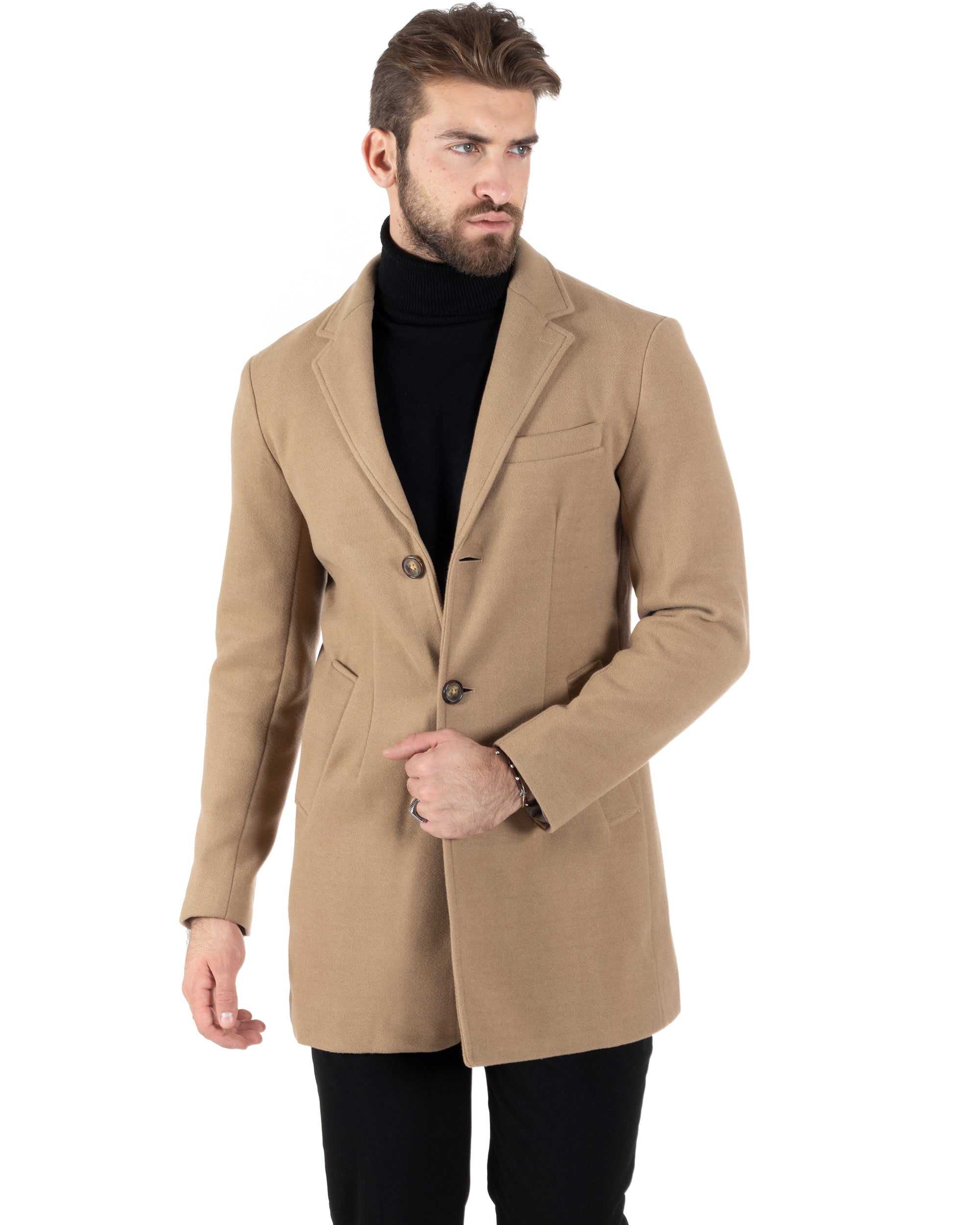 Cappotto Monopetto Uomo Giacca Colletto Reverse Giaccone Tinta Unita Camel Baronetto Elegante GIOSAL-CO1001A