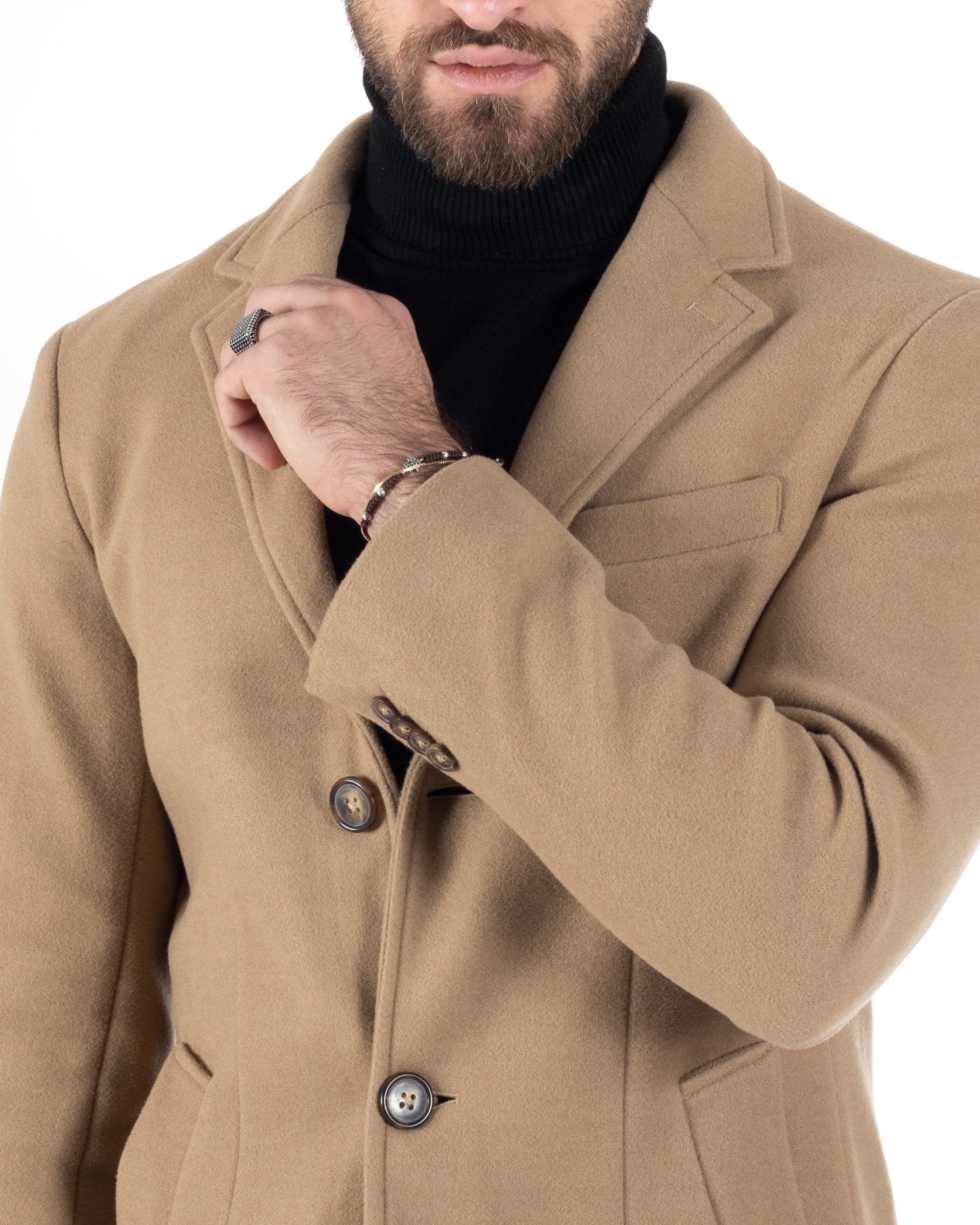 Cappotto Monopetto Uomo Giacca Colletto Rever Giaccone Tinta Unita Camel Baronetto Elegante GIOSAL-CO1001A