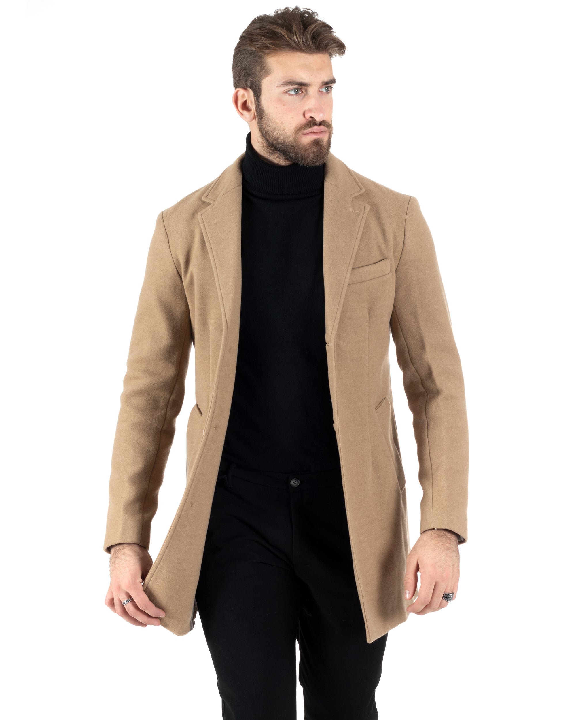 Cappotto Monopetto Uomo Giacca Colletto Rever Giaccone Tinta Unita Camel Baronetto Elegante GIOSAL-CO1001A