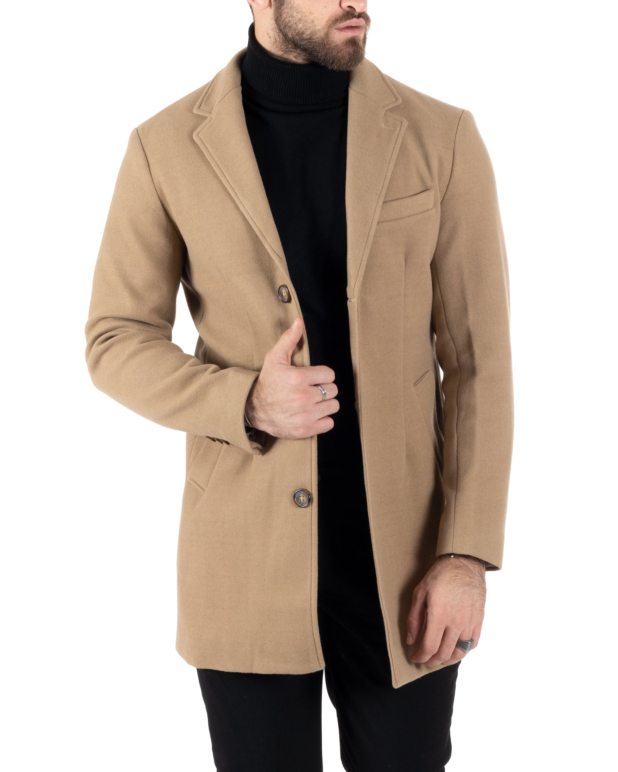 Cappotto Monopetto Uomo Giacca Colletto Rever Giaccone Tinta Unita Camel Baronetto Elegante GIOSAL-CO1001A